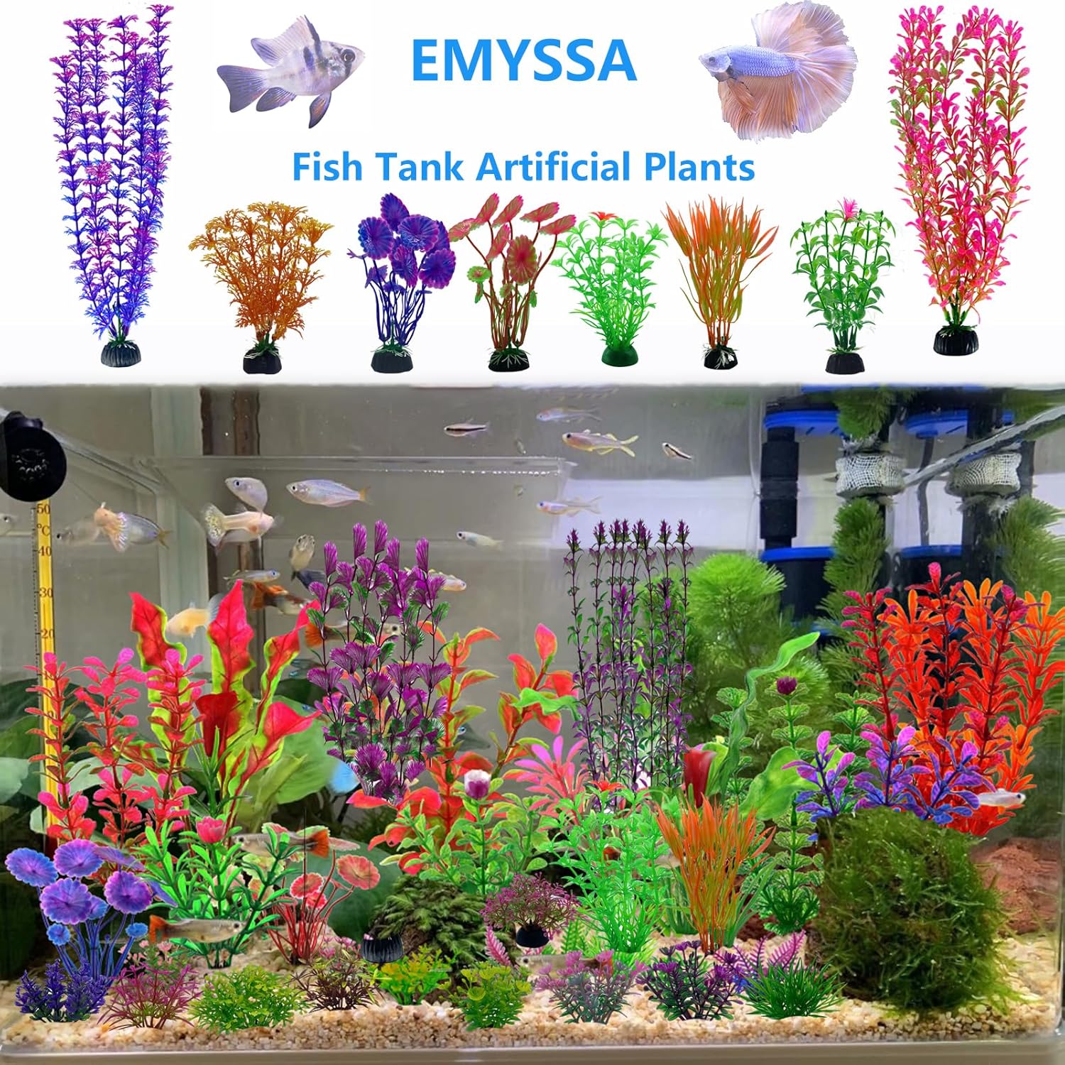 20 Pack Aquarium Plants, Fish Tank Decoration Colorful Artificial Fish Tank Decor Plants Aquarium Decorations for Household and Office Aquarium Simulation, Small to Large and Tall