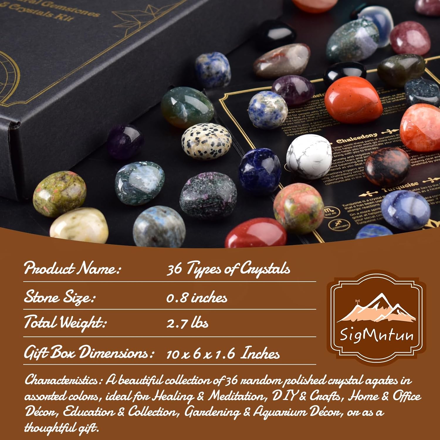 36 Varieties Healing Crystals & Stones Bulk Set – 2.5 lbs, 0.8" Natural Polished & Tumbled Gemstones Collection and Large Decorative Rocks for Chakra, Meditation, Reiki, Witchcraft, Crafts