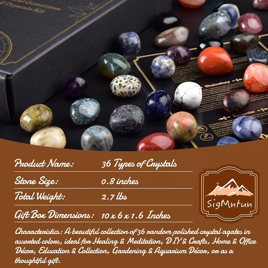Polished Healing Crystal Stones Set – 36 Different Natural Gemstone Types, 2.5 lbs of 0.8" Tumbled Decorative Rocks for Chakra, Meditation, Reiki, Energy Work, Crafts, Gifts