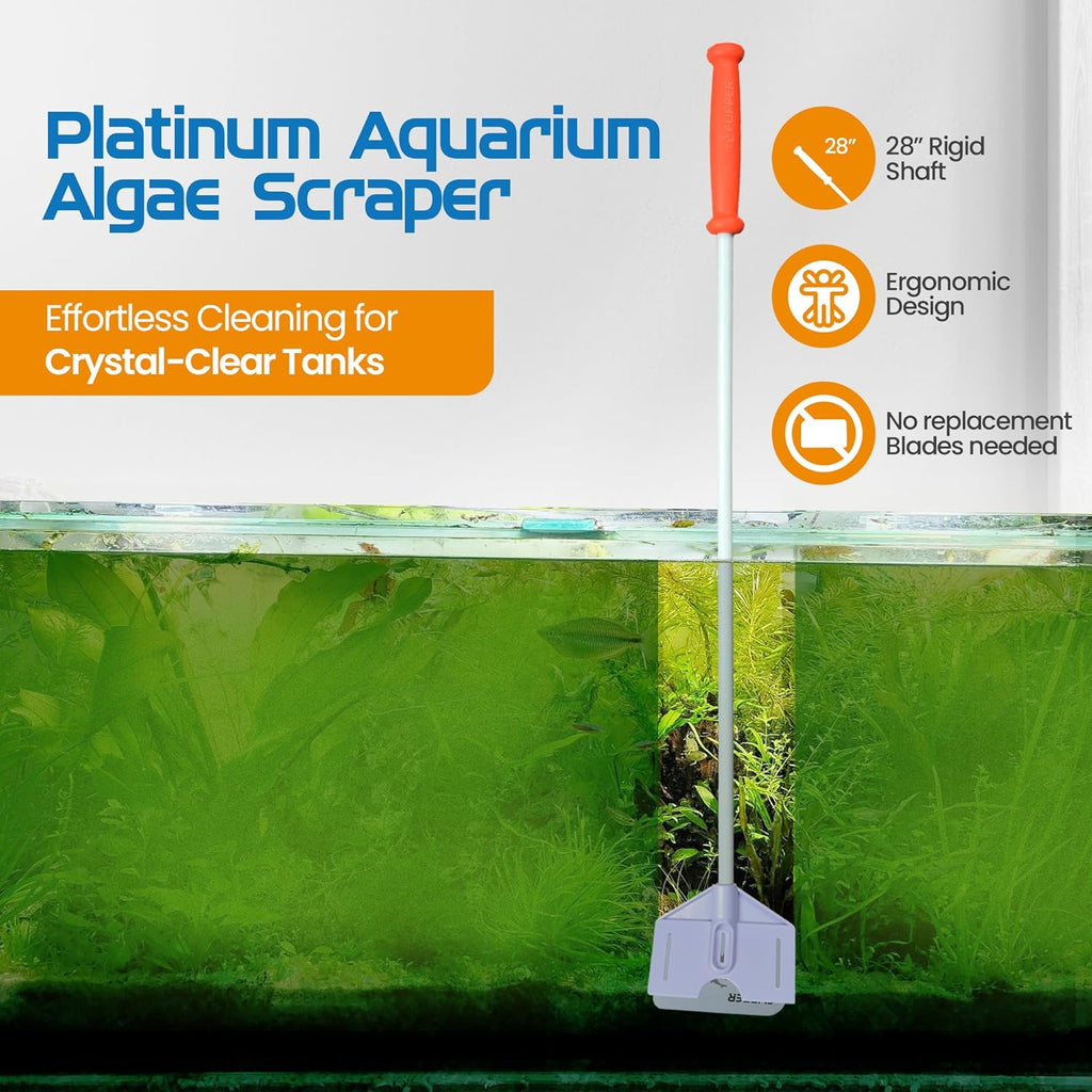 FL!PPER Flipper Platinum Aquarium Algae Scraper | Glass & Acrylic Tank Cleaner with Serrated Blade for Efficient Aquarium Maintenance (28” Rigid Shaft)