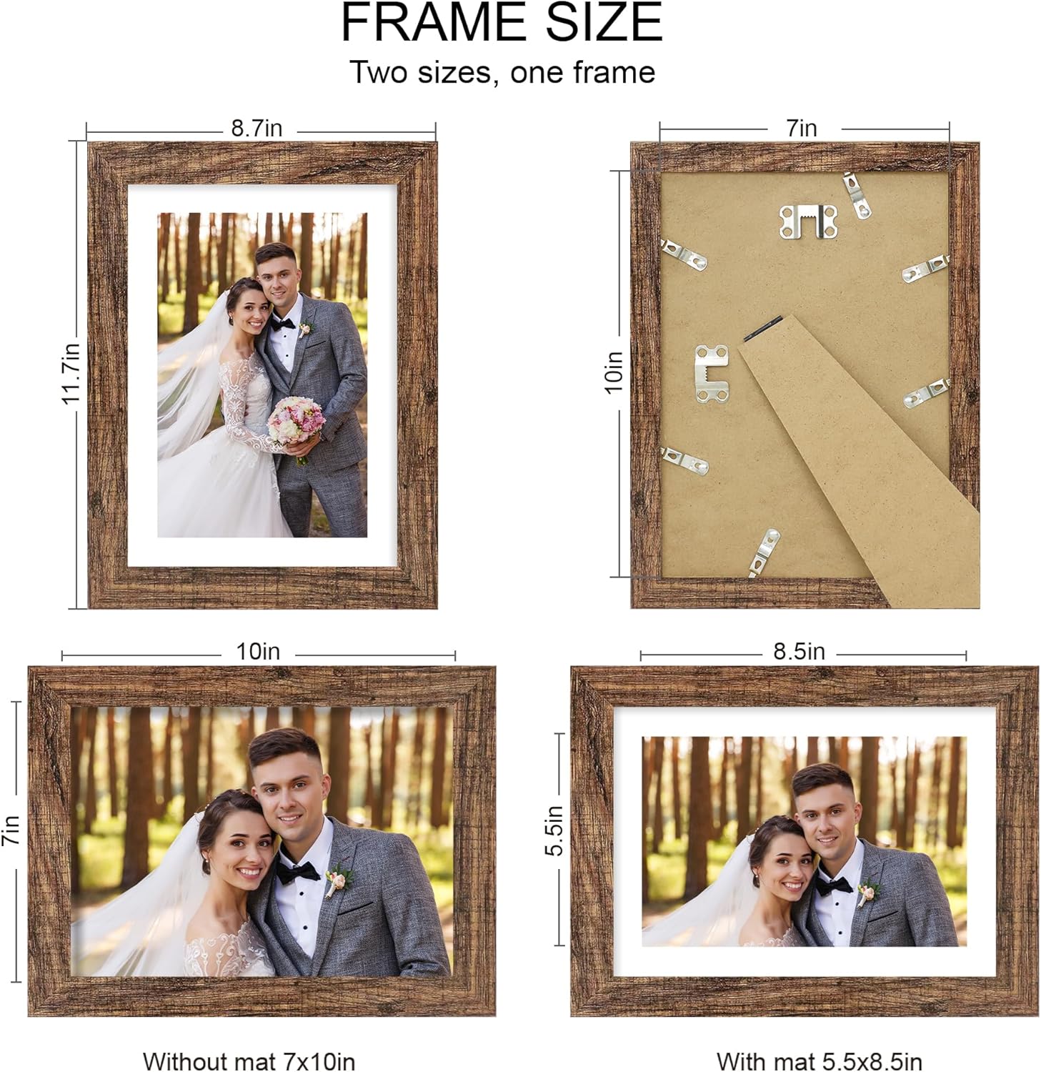 7x10 Picture Frame Set of 4, Made of Real Glass and Rustic Brown Frame - Display Picture 5.5x8.5 with Mat or 7x10 Without Mat, 7 by 10 Photo for Wall or Tabletop