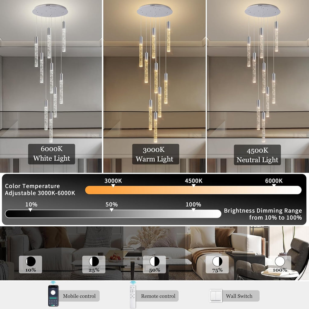 High Ceiling Crystal Chandelier 9-Lights, Spiral Dimmable LED Raindrop Foyer Pendant Light, Bubble Staircase Living Room Hanging Lighting Fixture Chrome