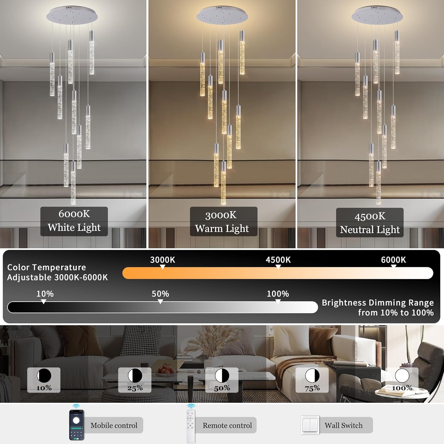 High Ceiling Crystal Chandelier 9-Lights, Spiral Dimmable LED Raindrop Foyer Pendant Light, Bubble Staircase Living Room Hanging Lighting Fixture Chrome