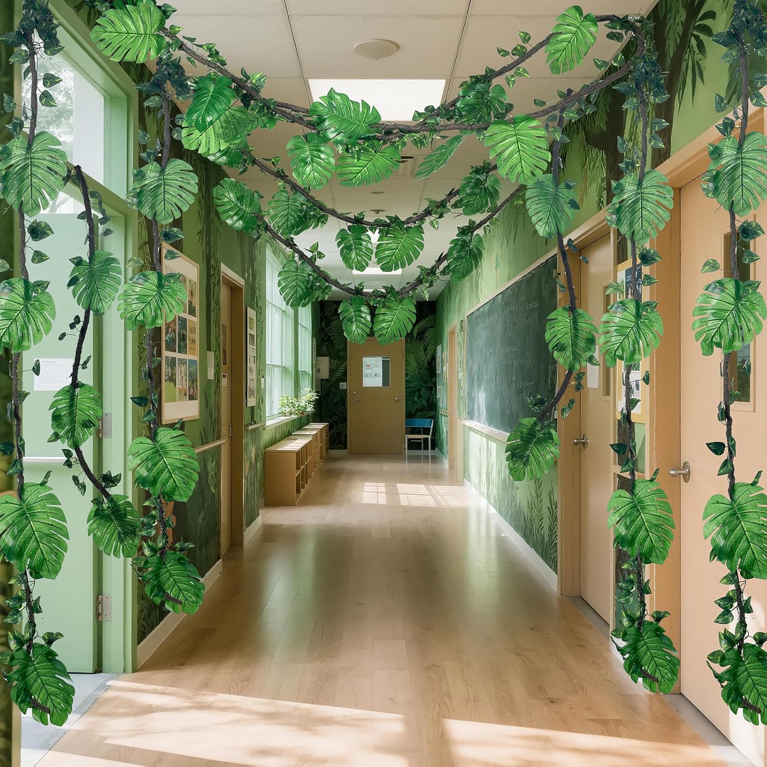 Preboun 27 Pcs Jungle Theme Party Decorations 2 10ft Artificial Rattans 20 Tropical Palm Leaves 5 Ivy Fake Vines Tropical Rainforest Safari Rattan Decorations for Indoor Outdoor Forest Jungle Party