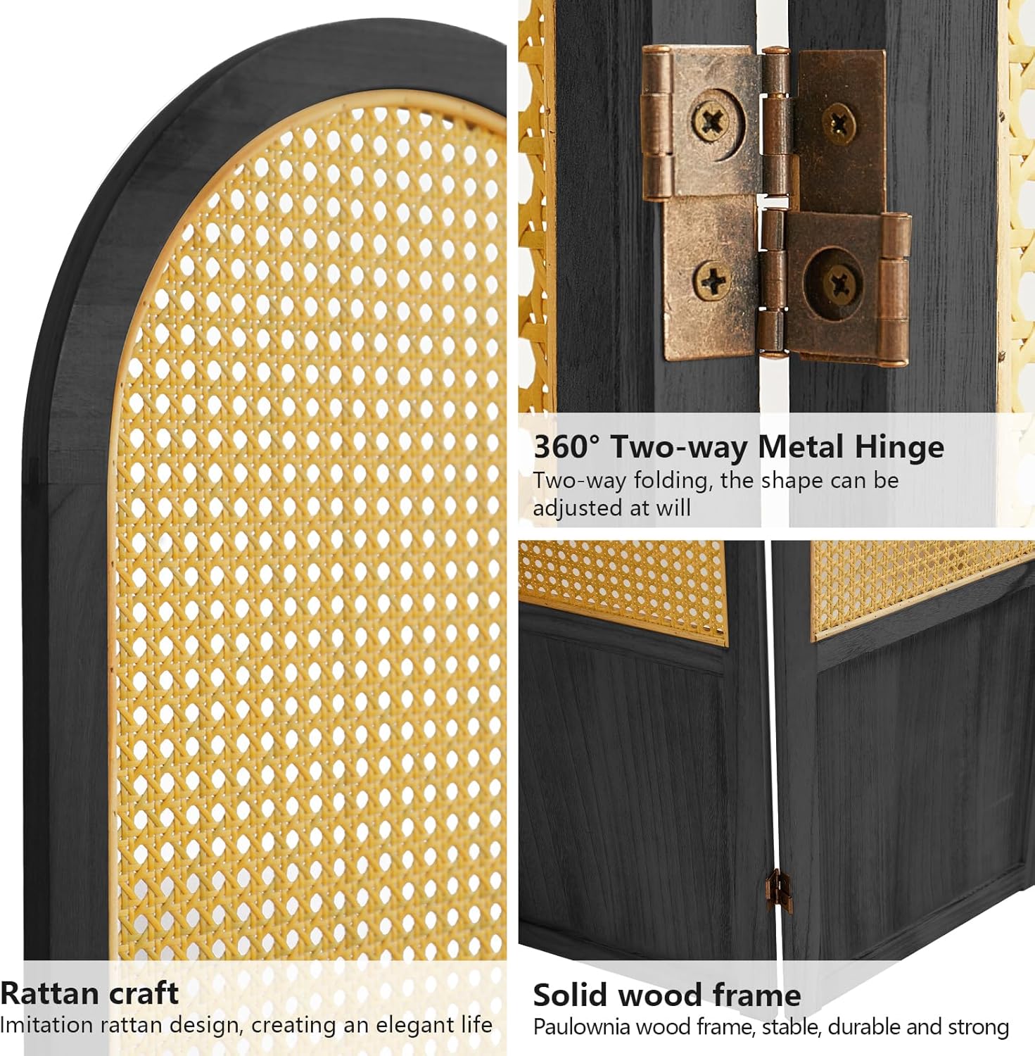 Room Divider 4 Panels, Folding Privacy Screen, Foldable Wood Rattan Room Divider Panel, Portable Partition Screen, Wall Divider for Room Separation Bedroom Home Office Garden Terrace (Black)