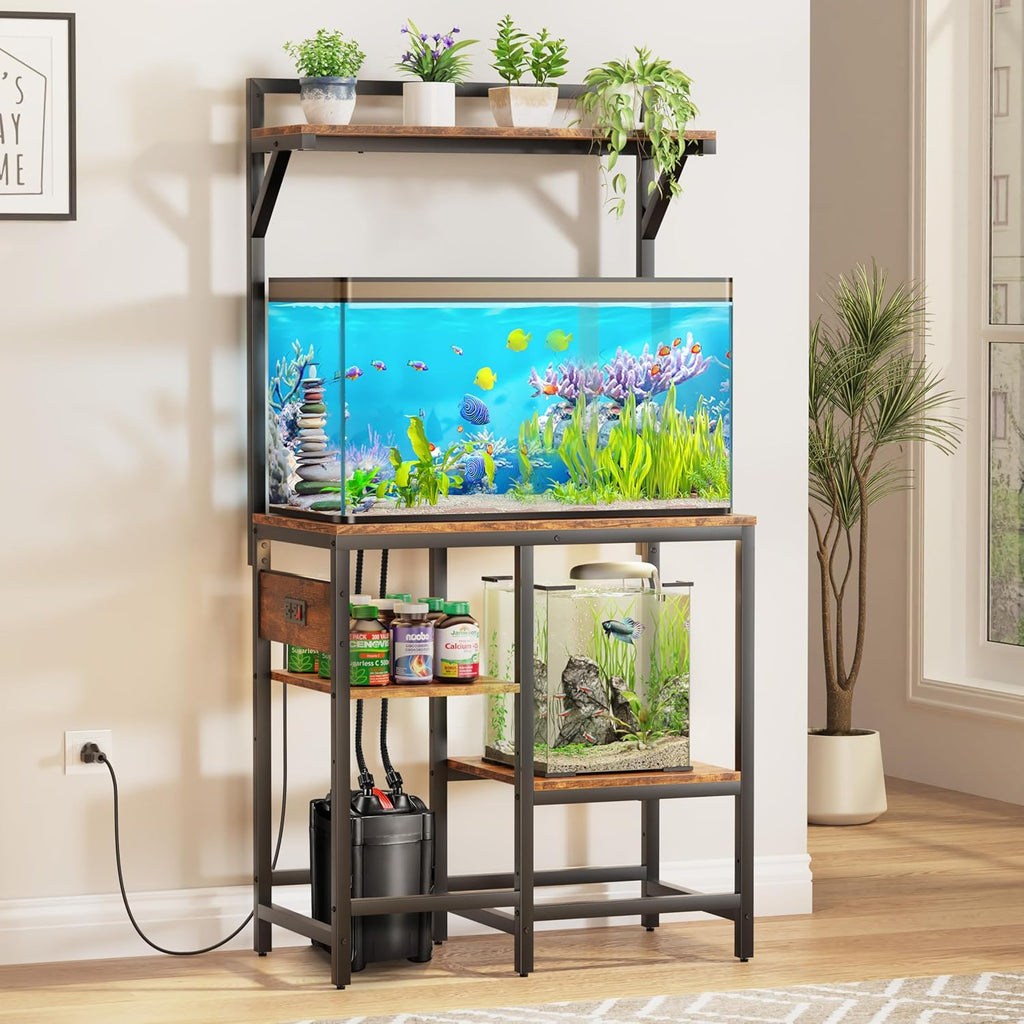 20-29 Gallon Fish Tank Stand with Power Outlet, Metal Aquarium Stand with Filter Storage, 6-Leg Reptile Tank Stand with 3-Tier Adjustable Storage Shelves and roof Support (20-29 Gallon)