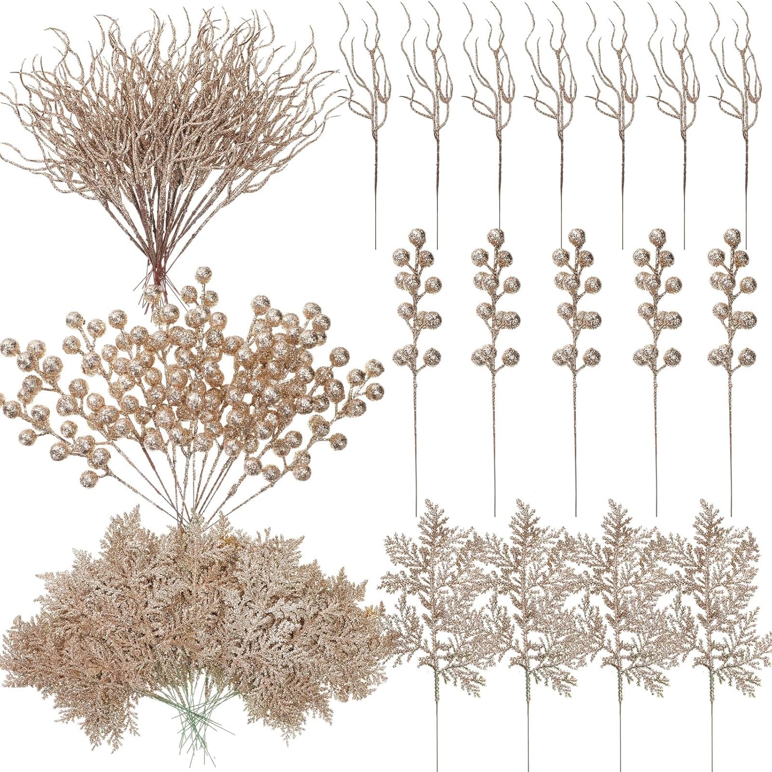 75 Pcs Christmas Glitter Branches 3 Styles Artificial Christmas Picks Berries Stems Pine Needles Floral Twig Spray for Xmas Tree Ornaments DIY Wreath Garland(Champagne Gold)