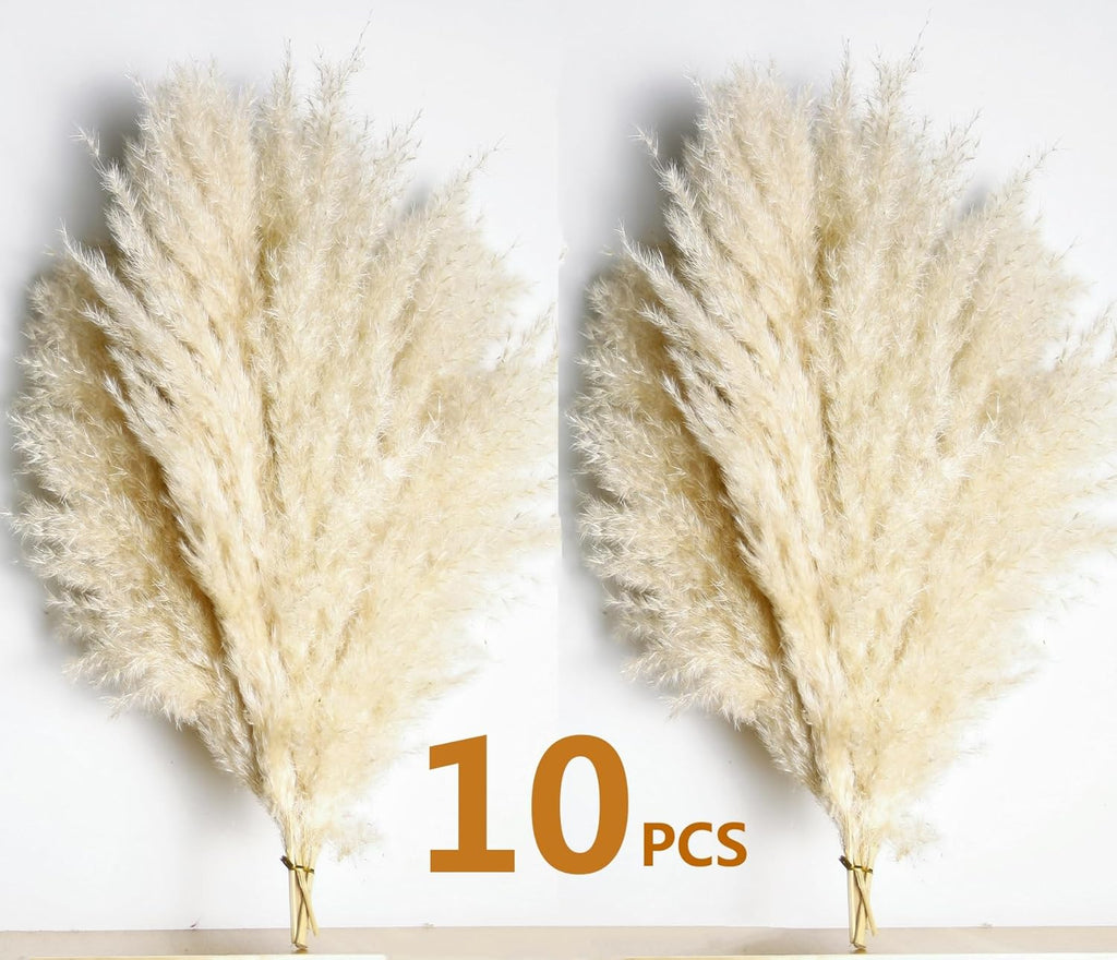 10 PCS Beige Pampas Grass Decor, Naturally Dried Pompas, Bunny Tails Dried Flowers, and Dried Eucalyptus. Perfect for Weddings, Boho Party Decorations, and Table Decor(17inch)