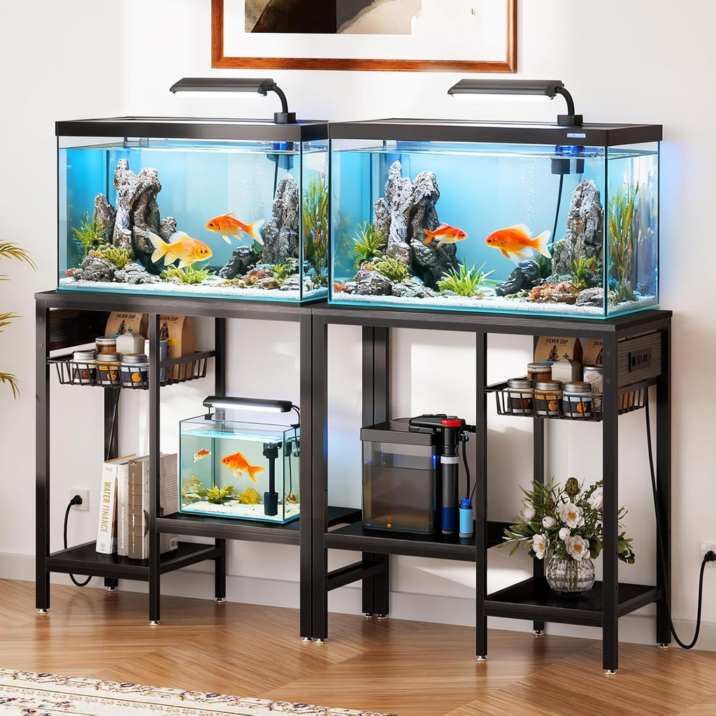 Livofloral 20 Gallon Fish Tank Stand with Power Outlet, Metal Aquarium Stand with Adjustable Shelves, Ample Storage for Filter and Fish Tanks Accessories, Reptile Tank Stands, 660 LBS, Black