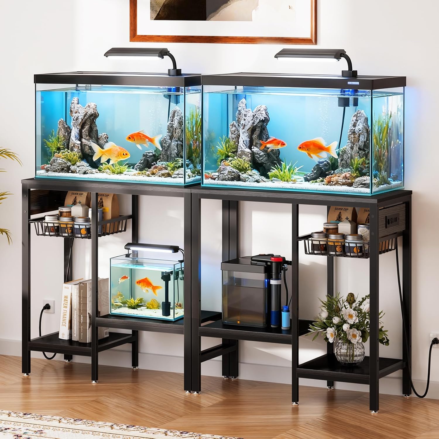 Livofloral 20 Gallon Fish Tank Stand with Power Outlet, Metal Aquarium Stand with Adjustable Shelves, Ample Storage for Filter and Fish Tanks Accessories, Reptile Tank Stands, 660 LBS, Black