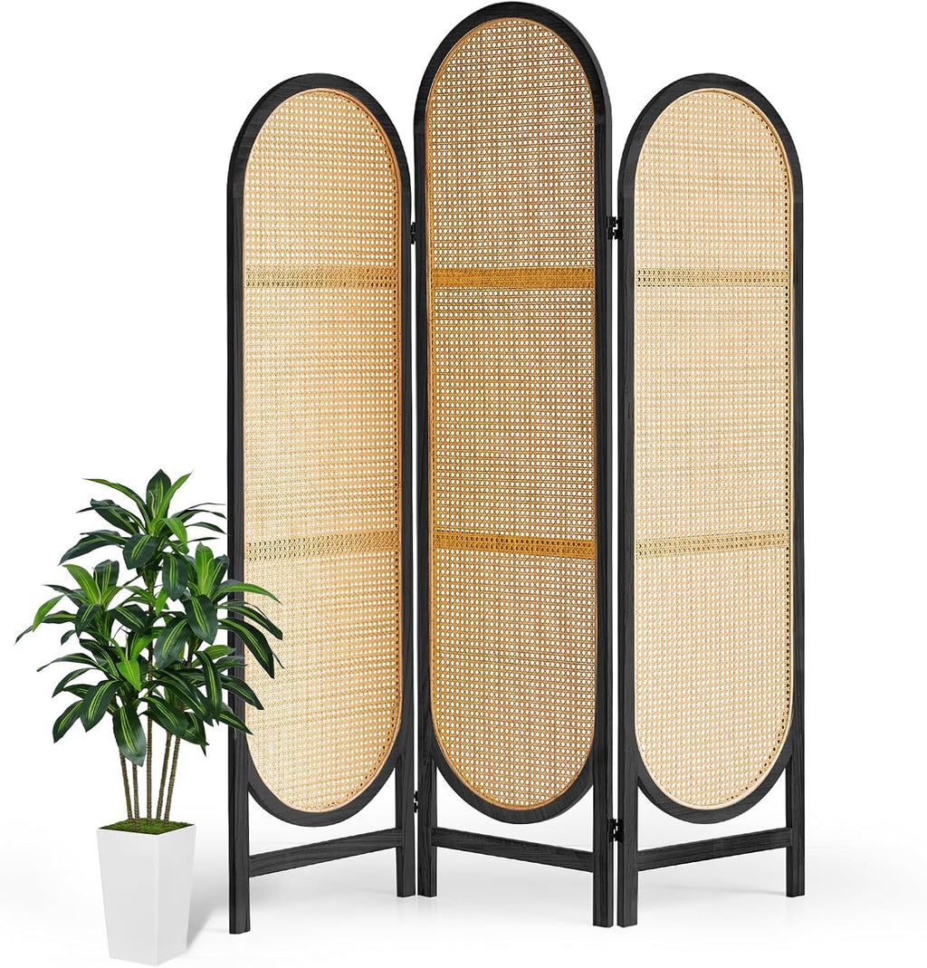 Trifold Room Divider 3 Panel, Folding Room Divider Panel, Rattan Divider Wall, Unique Design Divider Room Screens, Foldable Privacy Screen, Portable Freestanding Partitions Screen (Black)