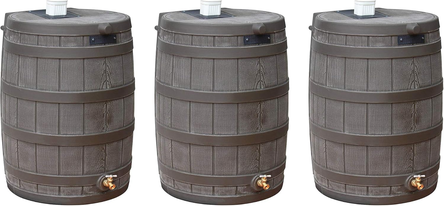 Good Ideas Rain Wizard 50 Gallon Plastic Outdoor Home Rain Barrel Water Storage Collector with Brass Spigot and Flat Back Design, Oak (3 Pack)