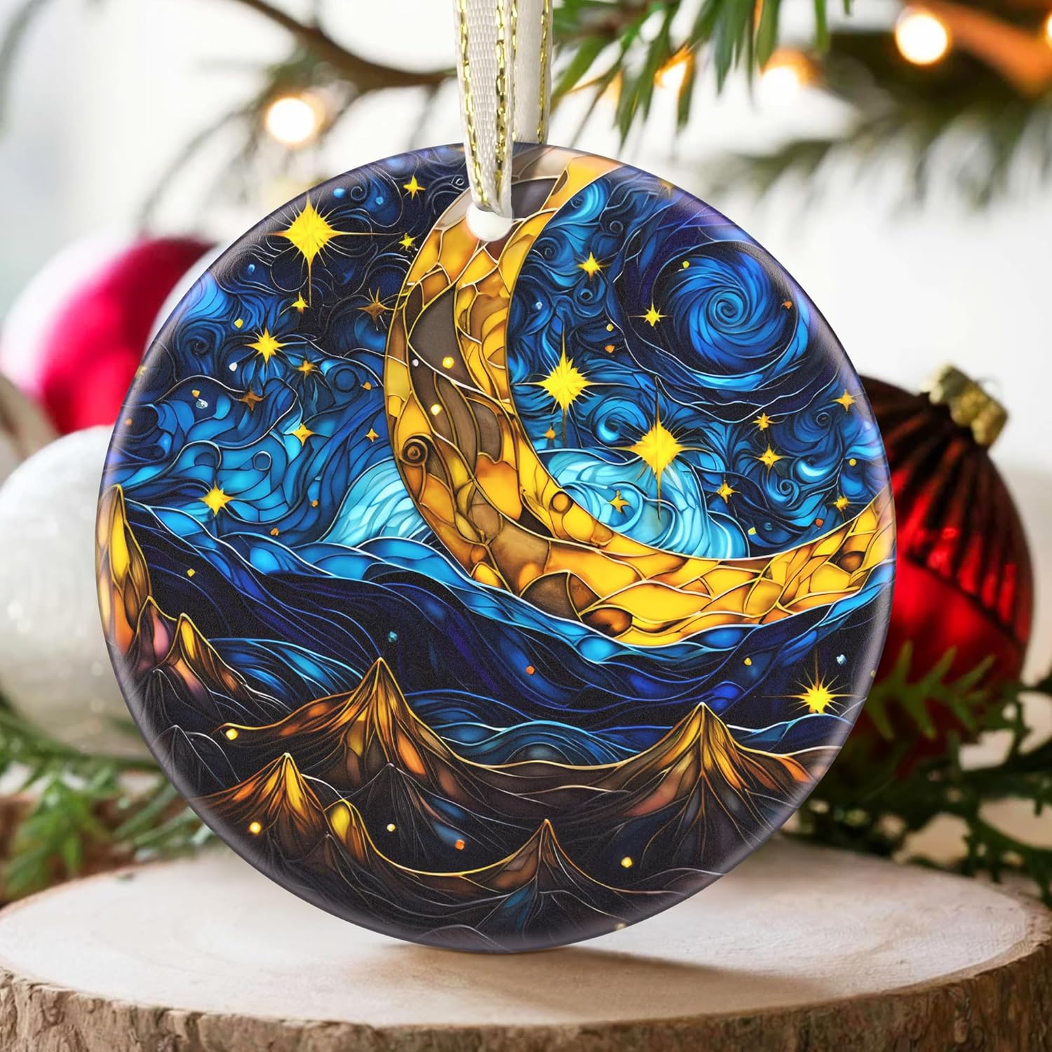 2025 Christmas Ornament - Christmas Tree Ornaments, Round Ceramic Holiday Decor - Gift Idea for Friends, Exchange - Retro Moon Star