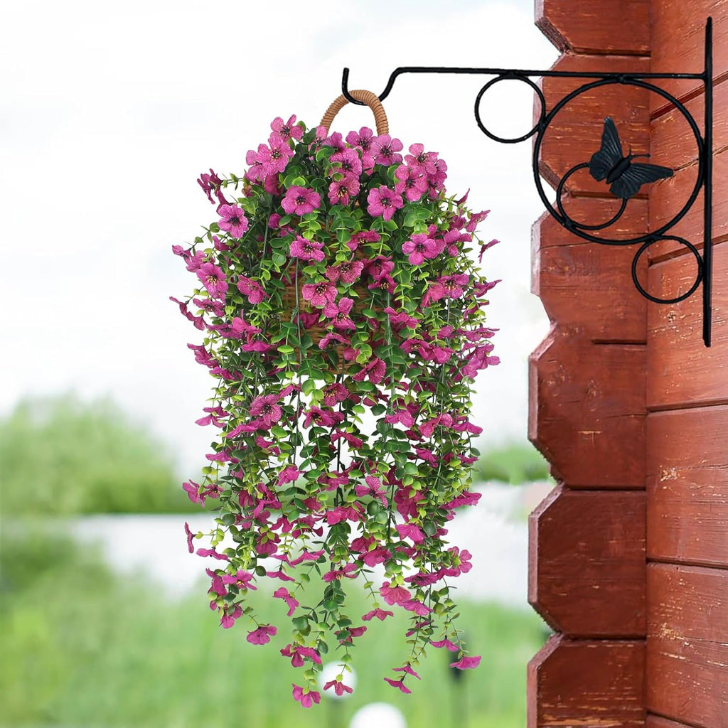 3 PCS Artificial Fake Hanging Flowers Plants with Basket for Spring Outdoor Outside Decoration, UV Resistant Faux Plastic Fabric Flower for Garden Porch Patio Balcony Yard Decor（Pink）