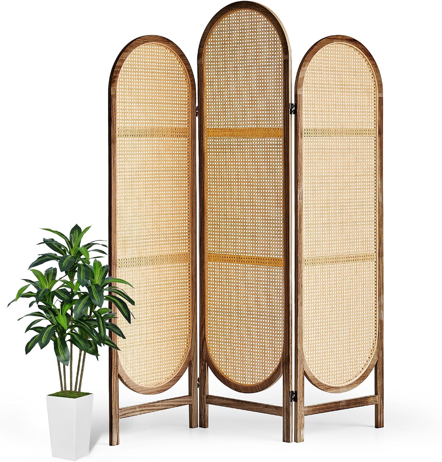 Wood Room Divider 3 Panels, Folding Rattan Room Divider Wall, Unique Design Folding Portable Partition Screen, Foldable Privacy Screen Wall Divider for Home Office Restaurant Bedroom (Brown)