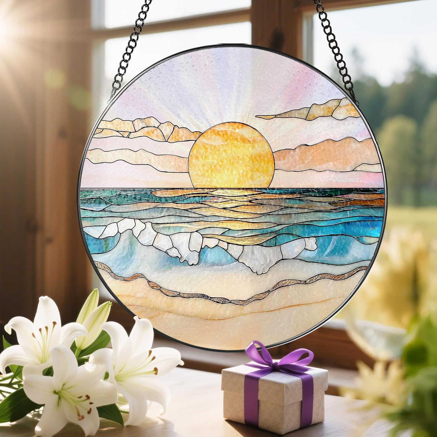 8'' Ocean Sunset Suncatcher Ornament, Stained Glass Window Hanging, Suncatchers for Windows Hanging Ornaments, Window Decor | Beach Lover Gift, Summer Vibes Gift, Gifts for Friends, Famliy