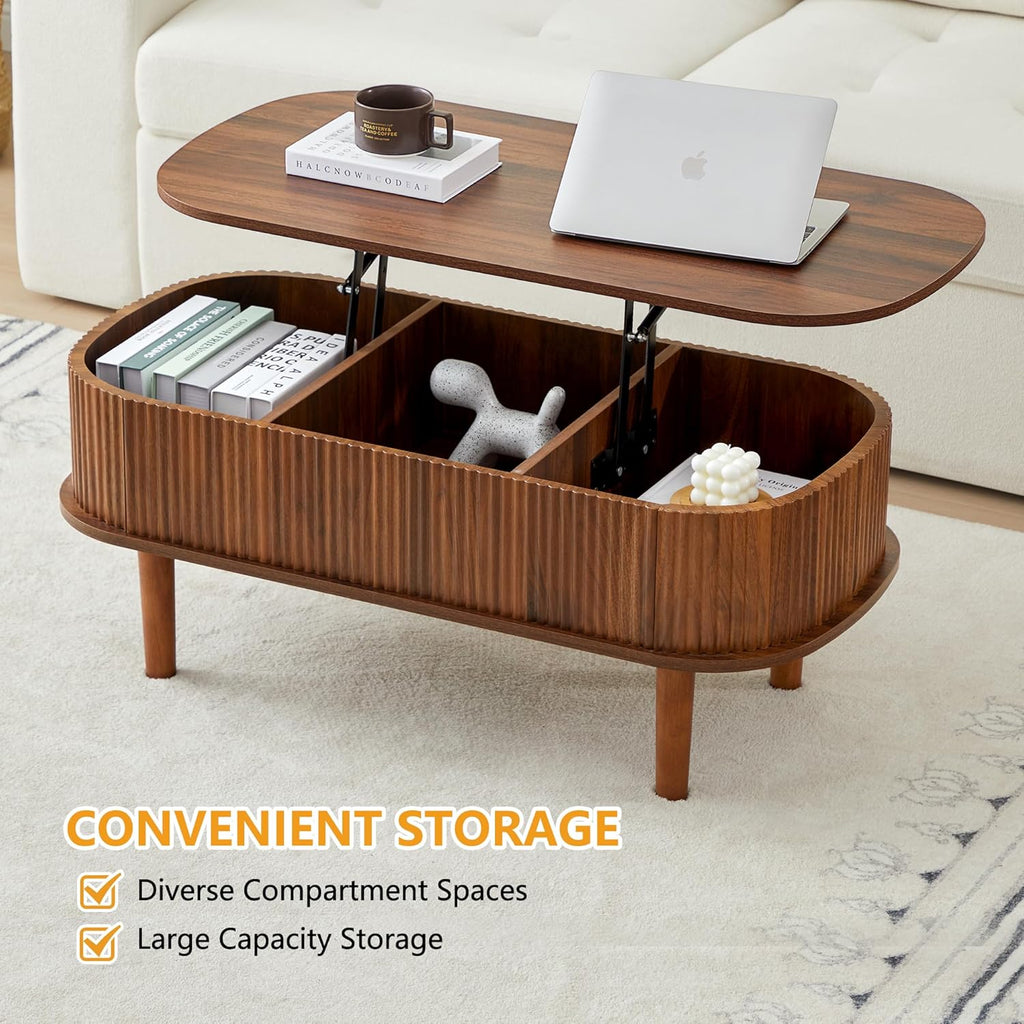 Fluted Lift Top Coffee Table with Hidden Compartment, Fully Assembled Wooden Center Table, Modern Oval Lift Tabletop for Home Living Room Office, Walnut