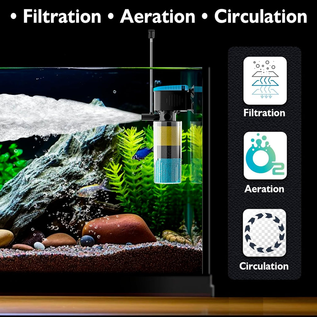 AquaMiracle Submersible Aquarium Filter 3-Stage in-Tank Filter with Dual Water Outlet & Aeration, 130GPH Internal Fish Tank Filter for 10-30 Gallon Aquariums