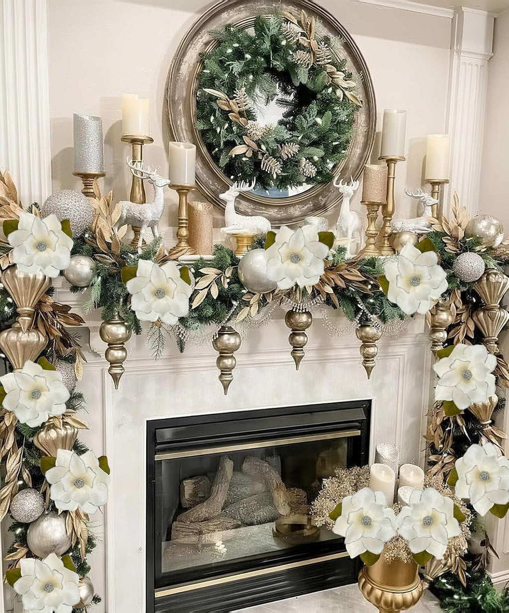 Briful Set of 3 Artificial Christmas Magnolias Flowers – 30’’ Long Stem Faux Magnolia Stems for Tree Ornaments, Holiday Centerpieces & Christmas Decor, White