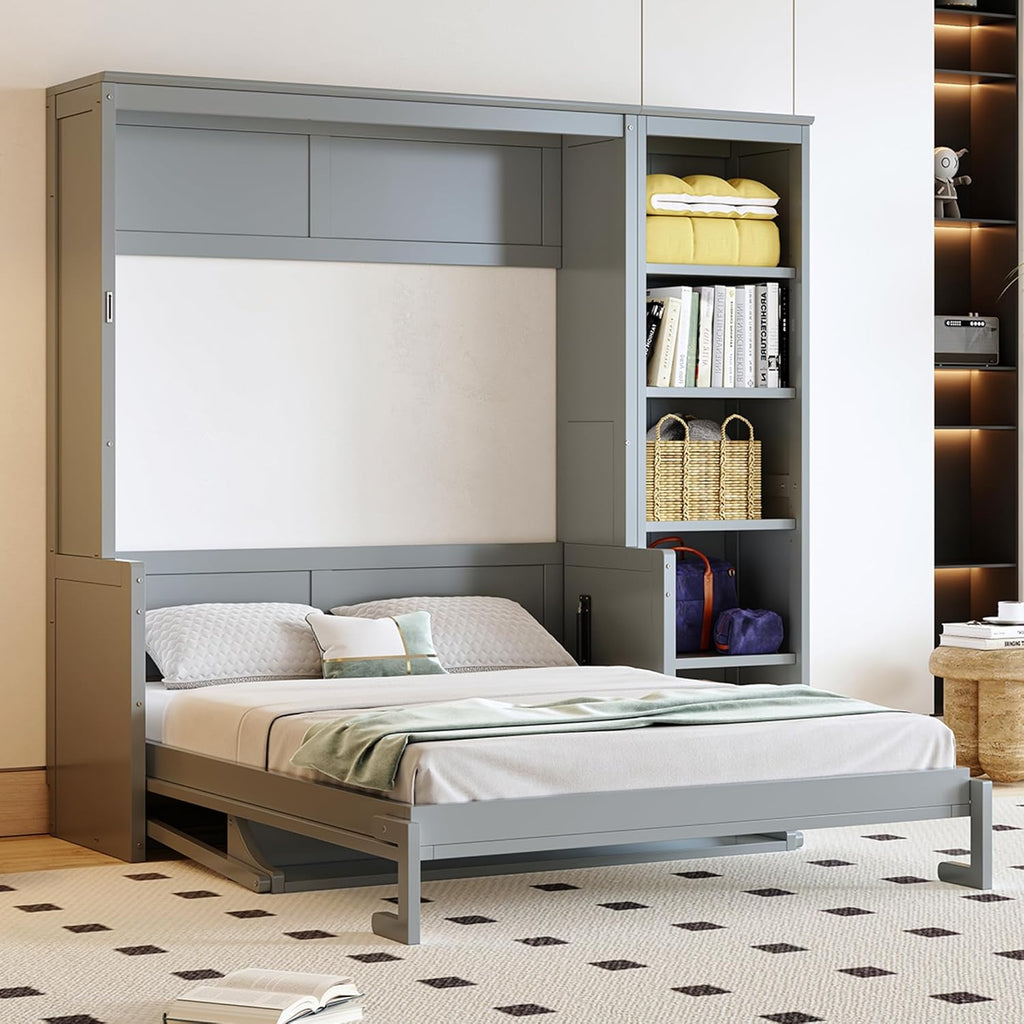 MERITLINE Full Murphy Bed with Desk and Storage Shelves,Wood Hideaway Murphy Wall Bed with Storage Bookcase for Adults (Grey,Full)