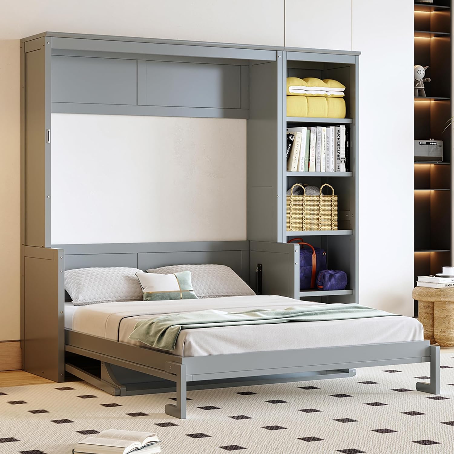 MERITLINE Full Murphy Bed with Desk and Storage Shelves,Wood Hideaway Murphy Wall Bed with Storage Bookcase for Adults (Grey,Full)