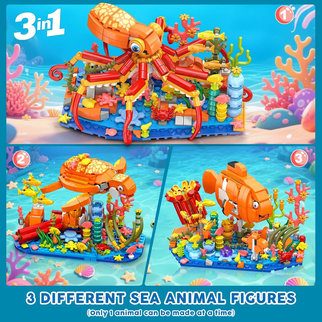 3 in 1 Animals Fish Turtle Octopus Building Set, Poseable Ocean Animal Building Block Toy for Office Home Decor, 525PCS Sea Creatures Kit, Birthday Gift for Adults Kids Boys Girls Ages 8-12+