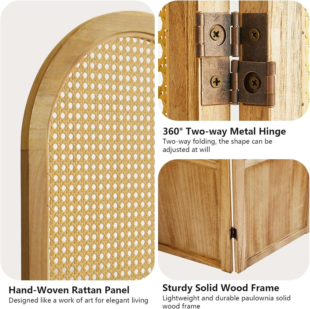 6 Panel Room Divider and Folding Privacy Screen, 5.6 Ft Foldable Double Hinged Rattan Partition, Hand-Woven Rattan Room Divider Portable Wood Freestanding Wall Divider for Room Separation - Natural