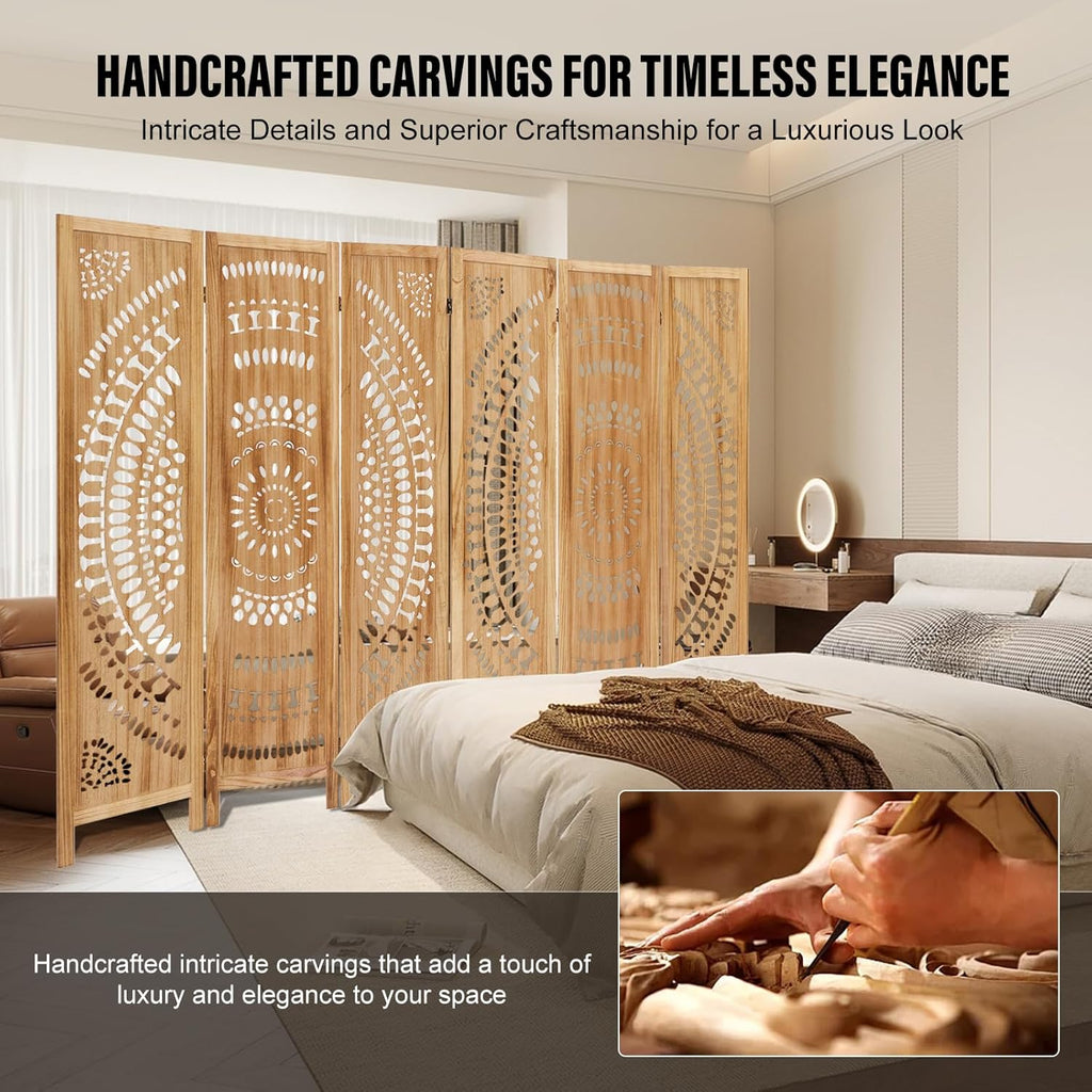 6 Panel Wood Room Divider Fully Assembled, Decorative Room Dividers and Folding Screens, 5.6Ft Room Divider Screen Freestanding Partition Wall Dividers for Home Bedroom Office, Light Brown