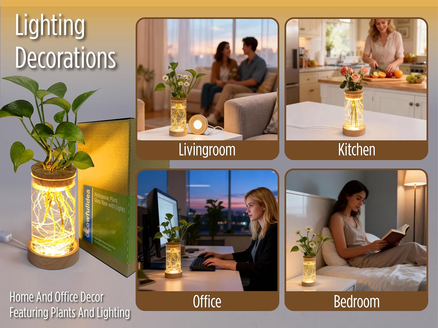 Plant Propagation Station with Lights, Glass Planter Station with Waterproof Lighted Wooden Base, Desktop Hydroponic Plants Terrarium with LED, Cylindrical Planter with Light for Home & Office Decor