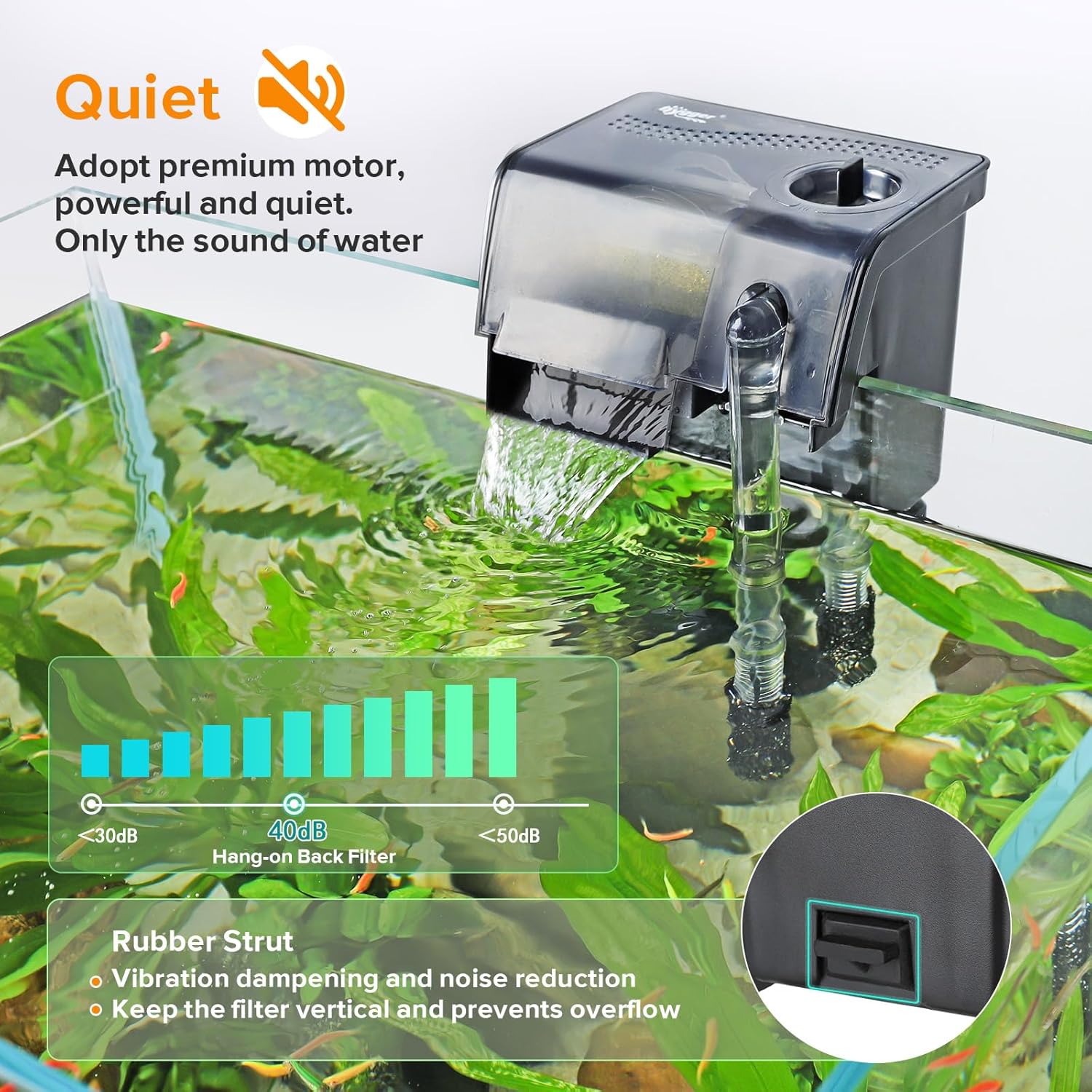 hygger Hang On Back Aquarium Filter 132GPH for 10-30 Gallon Quiet Power Fish Tank Filter Multi-Stage Filtration Adjustable Waterfall Hob Filter with 4 Cartridges & Extension Pipe for Fresh Saltwater