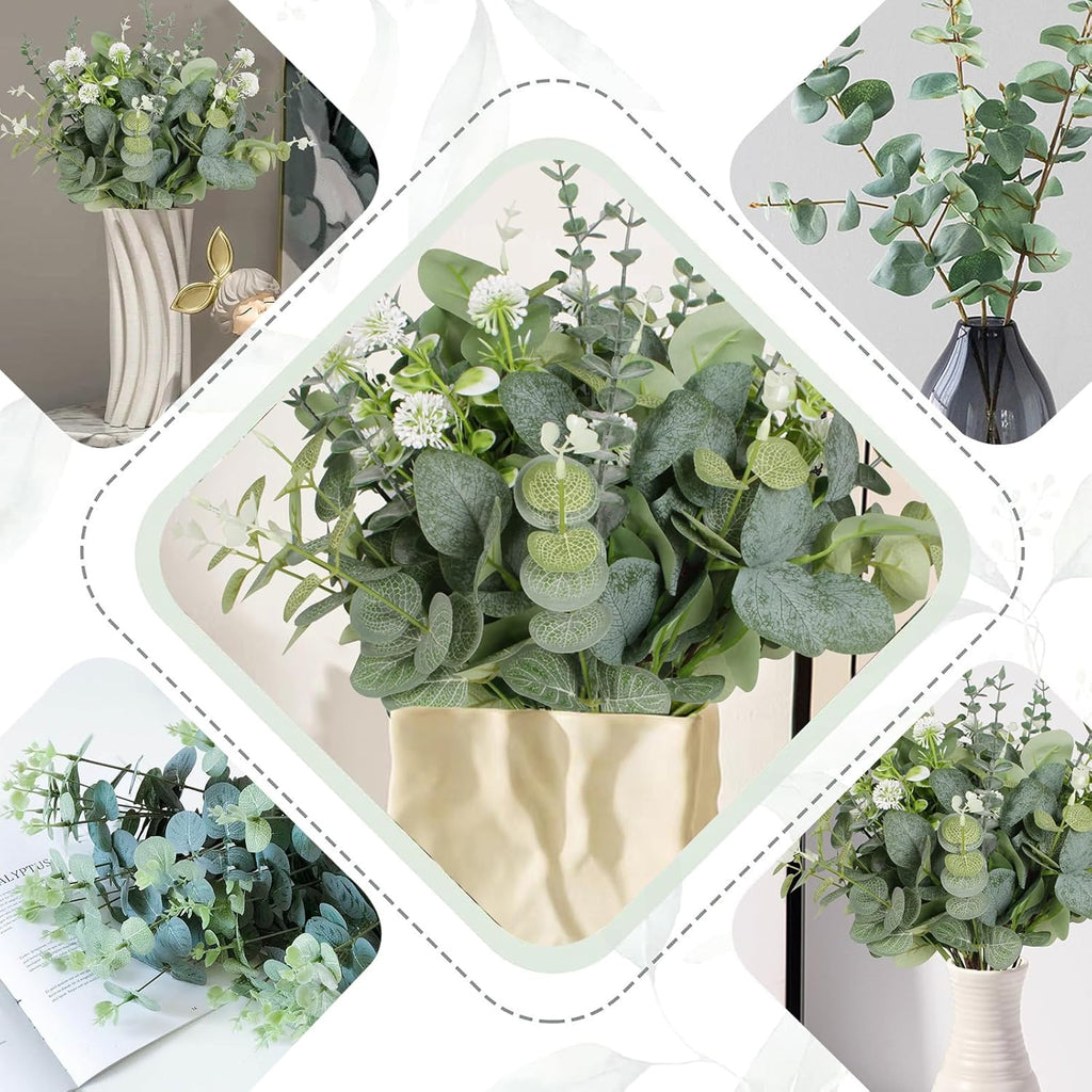 Artificial Eucalyptus Leaves Stems 120 Pcs 4 Kinds Mixed Fake Silver Dollar Eucalyptus Leaves Stem with Dandelion Bulk Faux Leaf for DIY Bouquets Floral Arrangement Wedding Home Decor