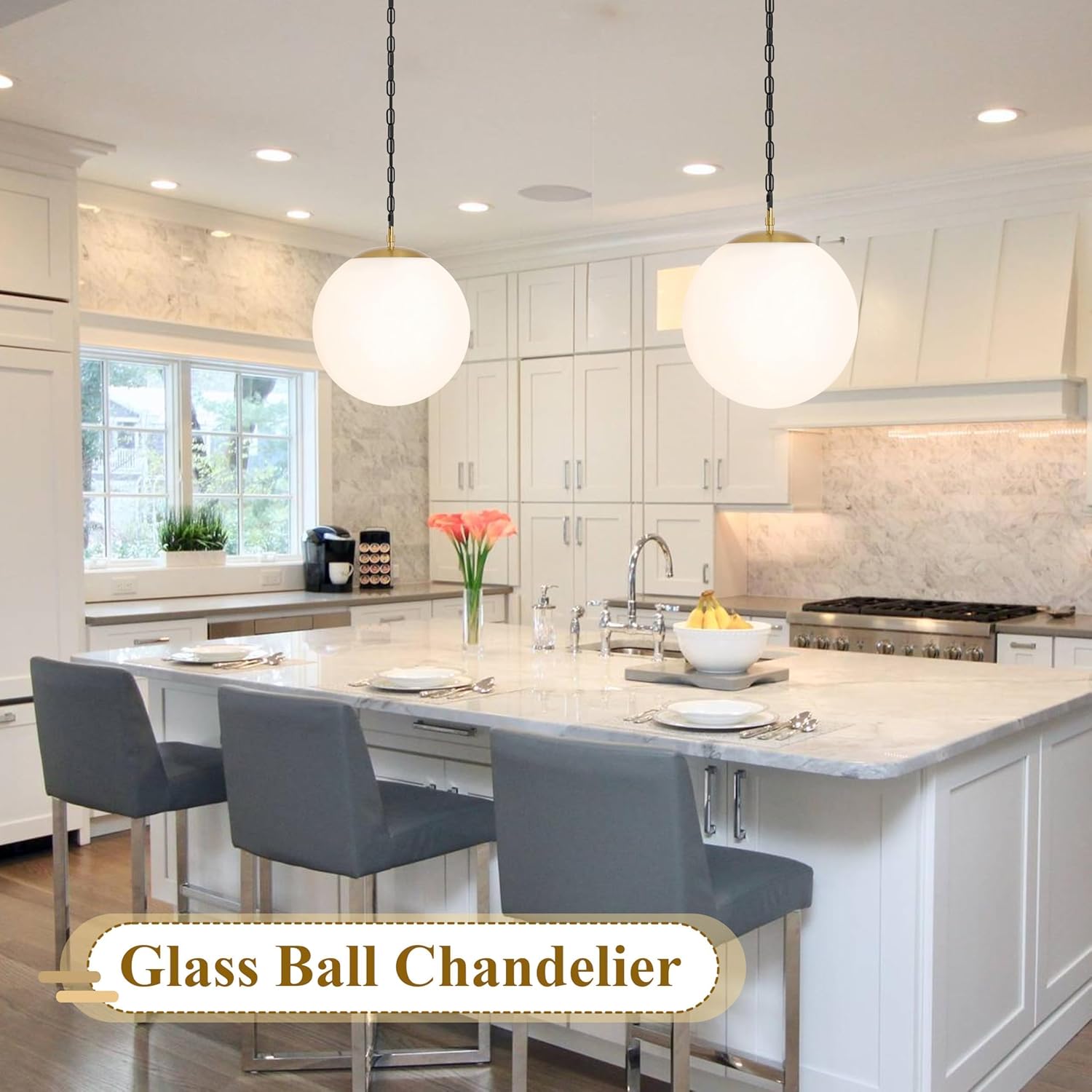 KoKo&Yukina 13.7" Gold Globe Pendant Light Mid Century Pendant Light Milk Glass Pendant Lights Kitchen Island Adjustable Hanging Light Fixture for Dining Room Bedroom Kitchen Islan