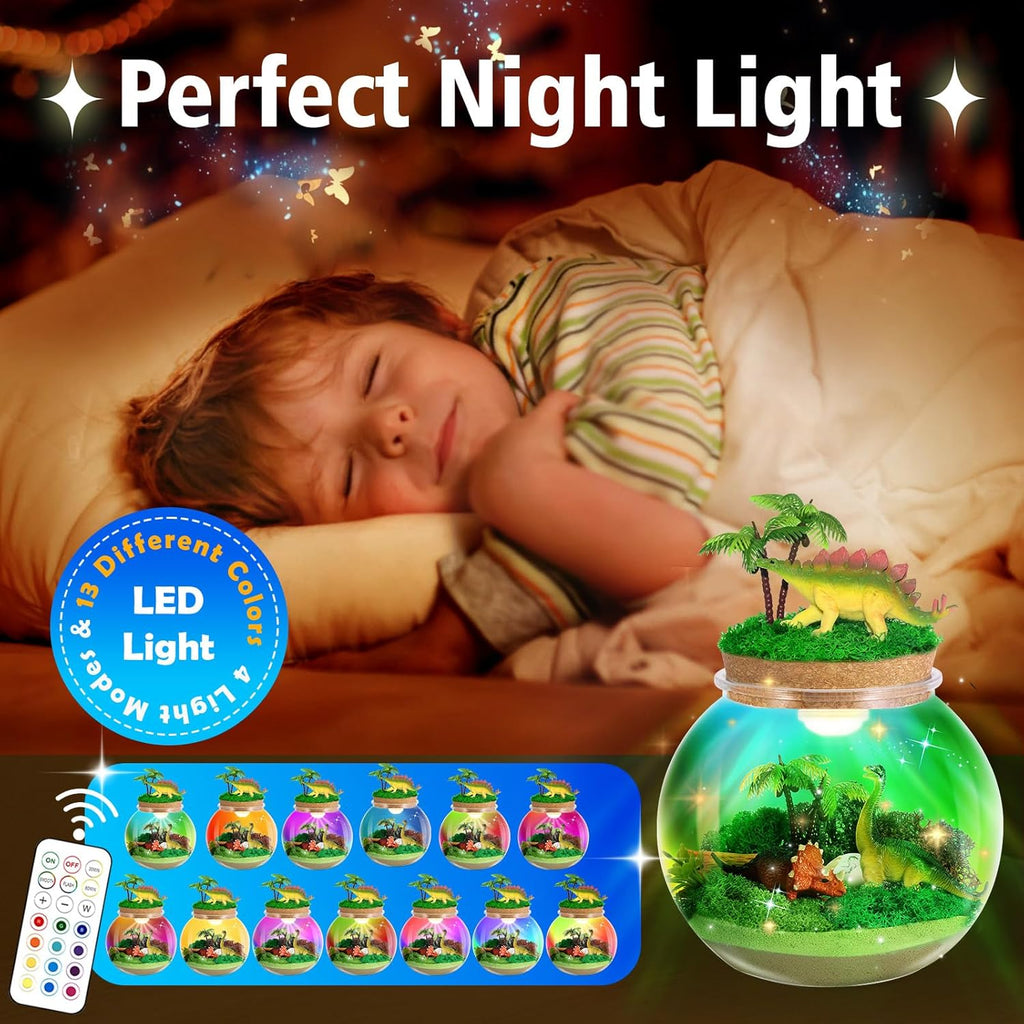 Dinosaur Light-Up Terrarium Kit for Kids- Birthday Gifts for Boys Ages 4 5 6 7 8-12 Year Old- Dinosaur Toys for Boys with Multicolor LED Light & Remote