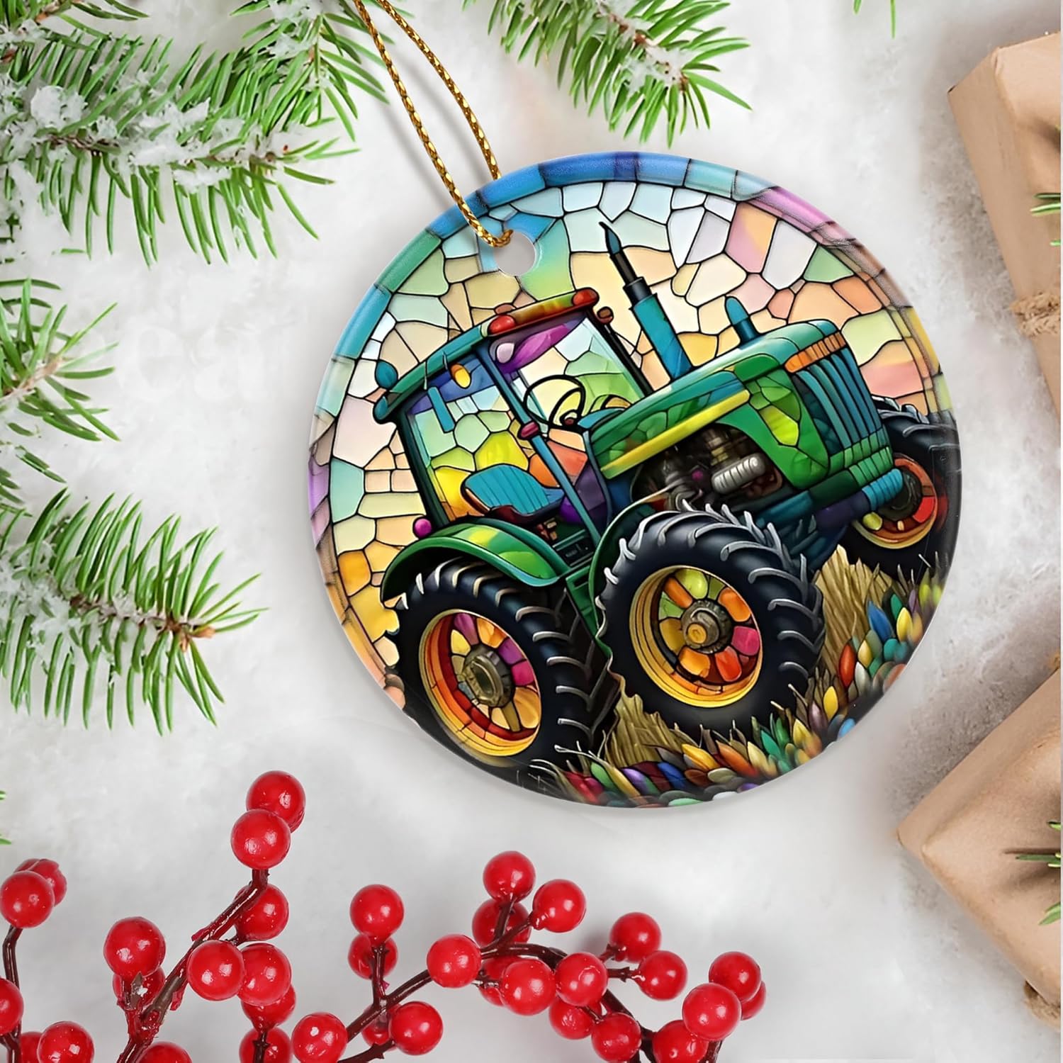 Touber Christmas Ornament, Christmas Decoration, Holiday Present Idea, Heirloom Keepsake, Round Ceramic, Gift Exchange, Gift Idea, Tractor