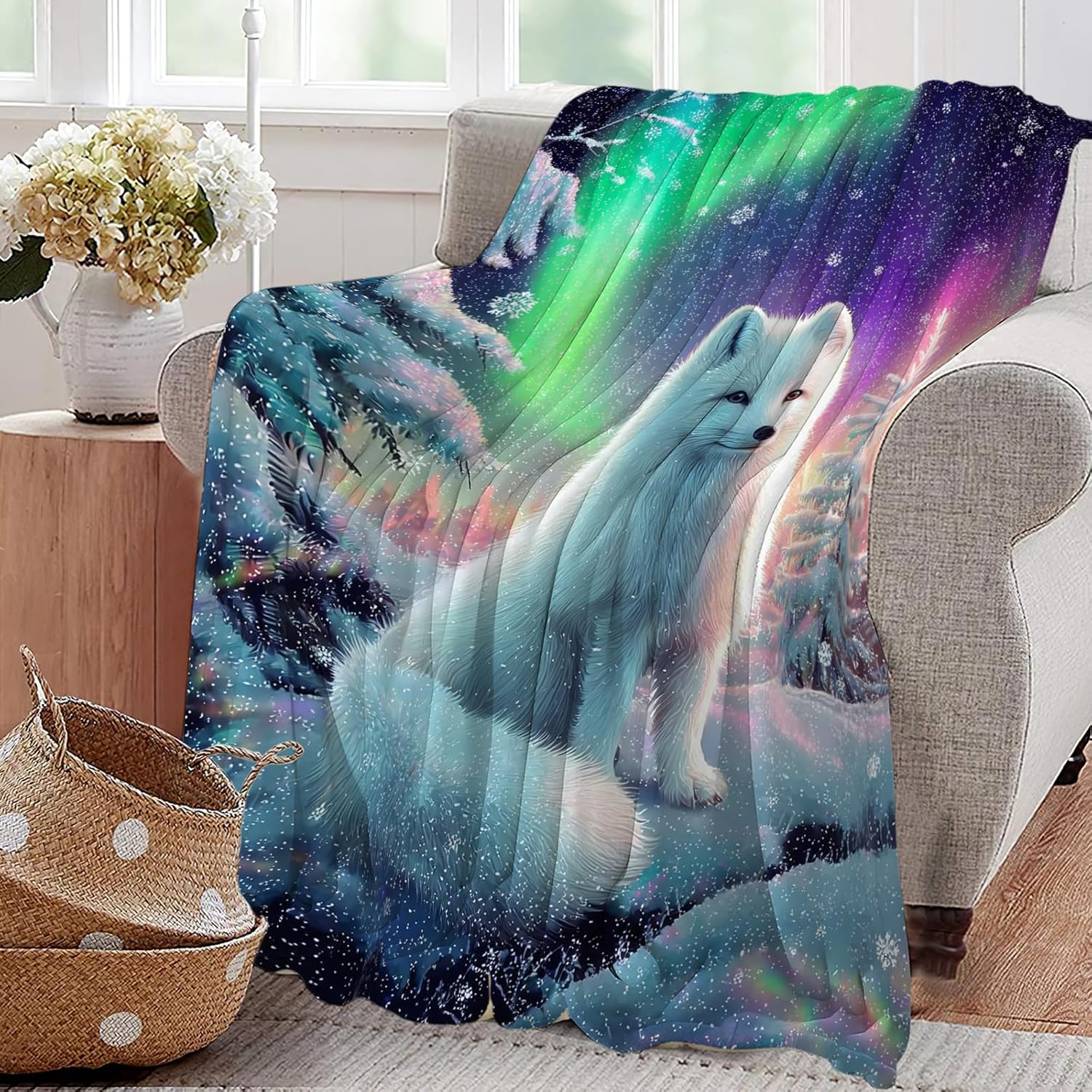 White Fox Blanket Winter Aurora Night Animal Throw Blankets Gifts for Girls Boys Kids Fox Lover Soft Cozy Fleece Plush for Couch Sofa Bed 50"x40"