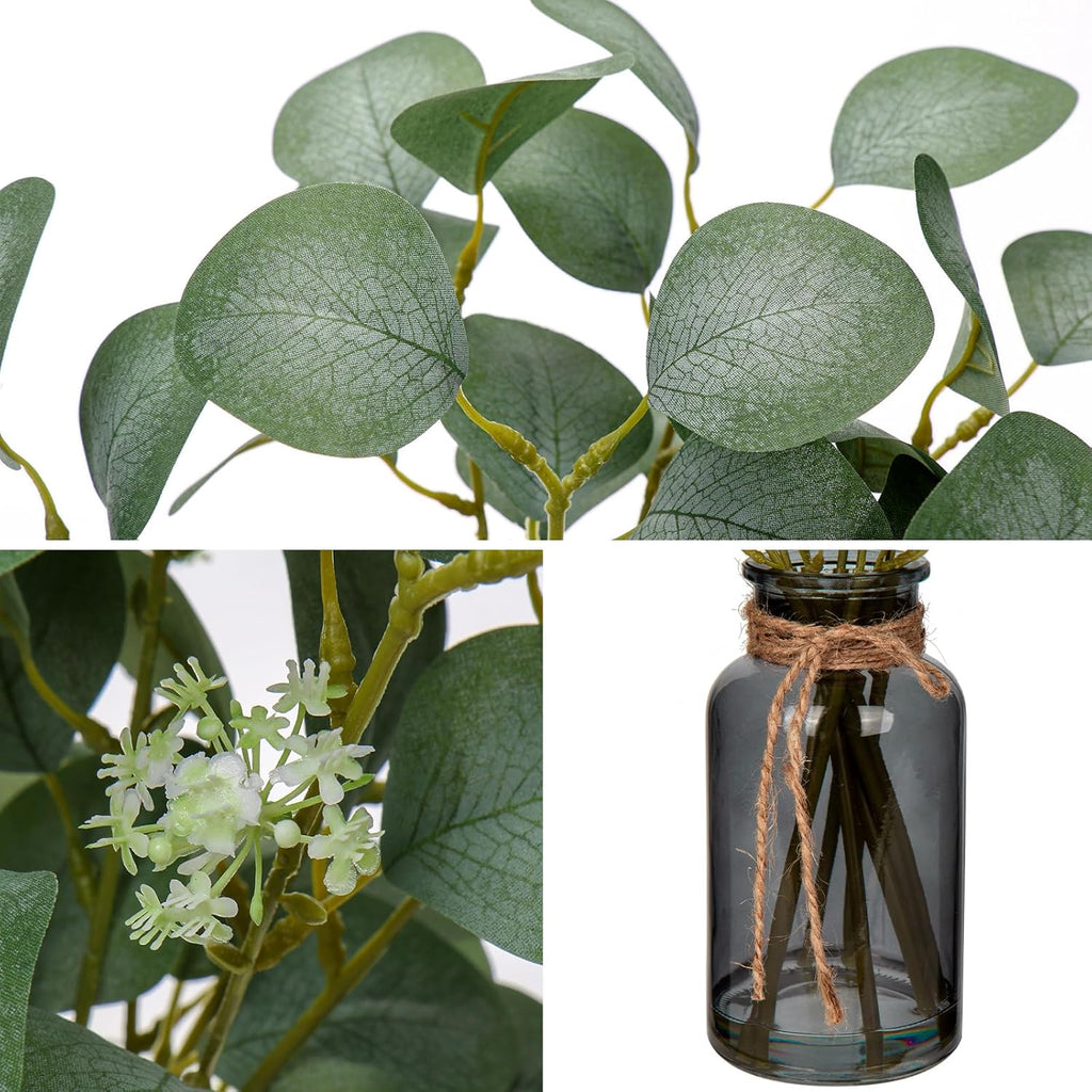 Briful Artificial Eucalyptus Stems in Black Glass Vase with Faux Water, 14" Fake Plant Eucalyptus Leaves for Home Office Farmhouse Wedding Centerpiece Décor, 2 Packs