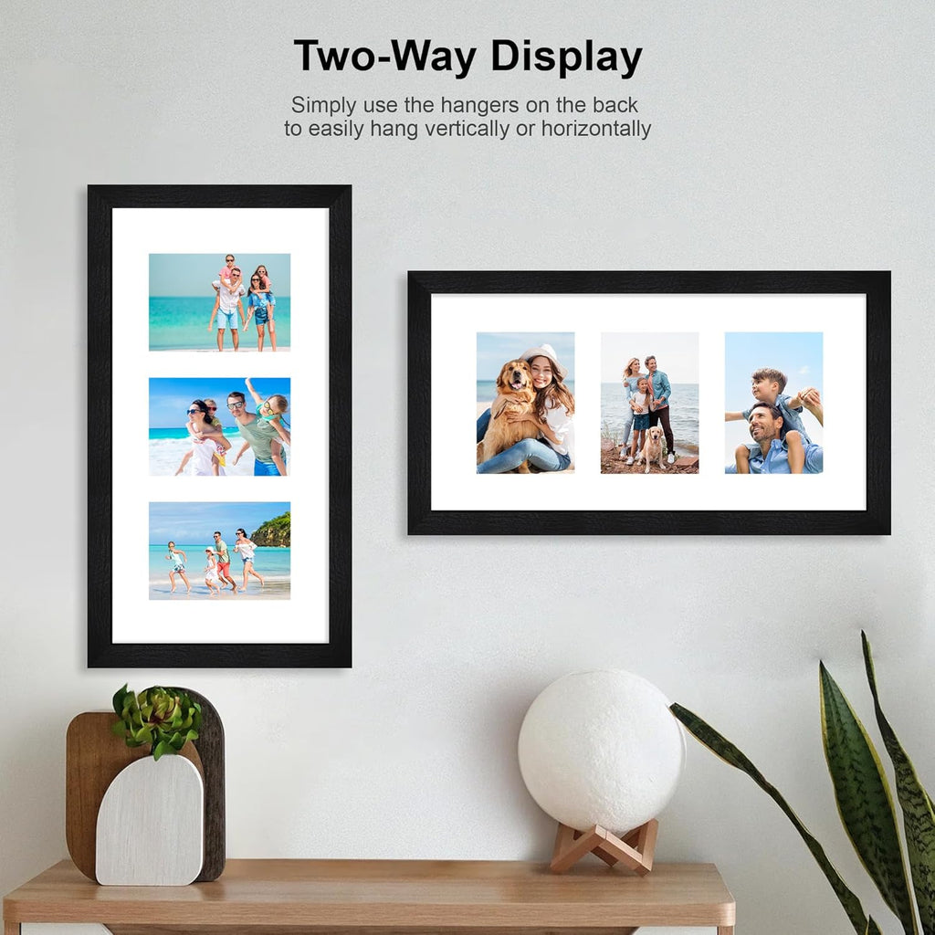 10x20 Picture Frame Set of 2, Rustic Black Wood Frame with Real Glass Collage Frame, Display Pictures Three 5x7 With Mat or 10 x 20 Without Mat - Horizontal or Vertical Wall Mounting