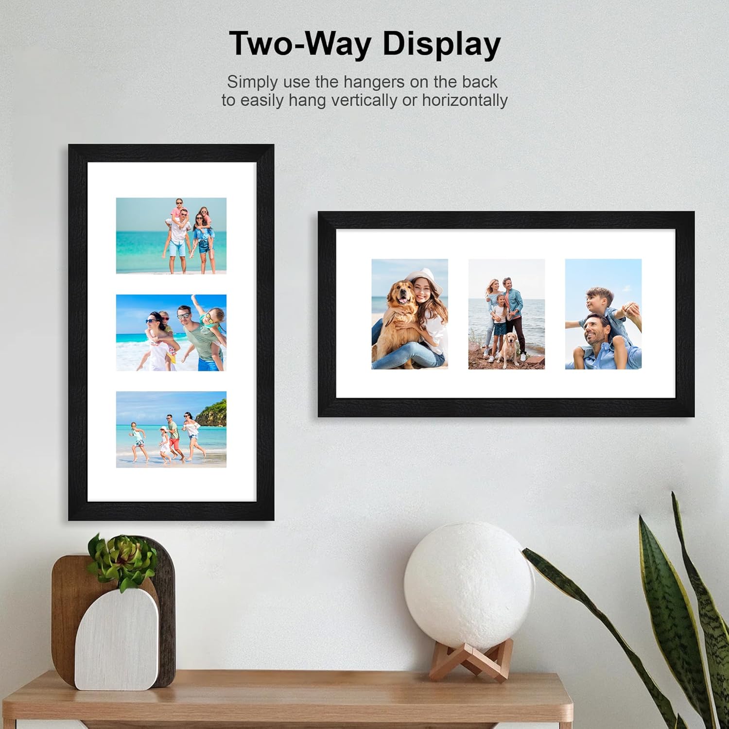 10x20 Picture Frame Set of 2, Rustic Black Wood Frame with Real Glass Collage Frame, Display Pictures Three 5x7 With Mat or 10 x 20 Without Mat - Horizontal or Vertical Wall Mounting