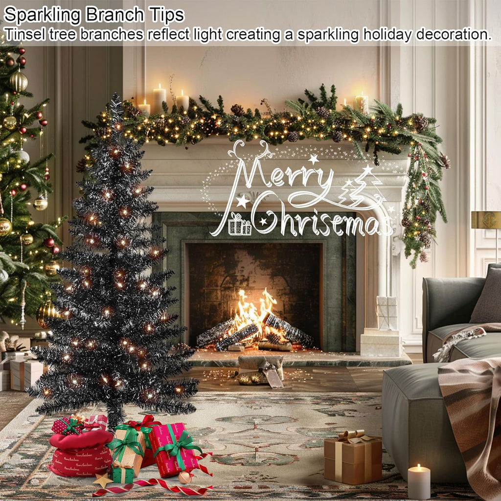 4ft Artificial Full Black Christmas Tree with Separate Lights, Not Pre-lit Mini Black Tinsel Pine Christmas Tree, 50 Lights, Small Xmas Tree for Home, Office, Party Decoration, Indoor