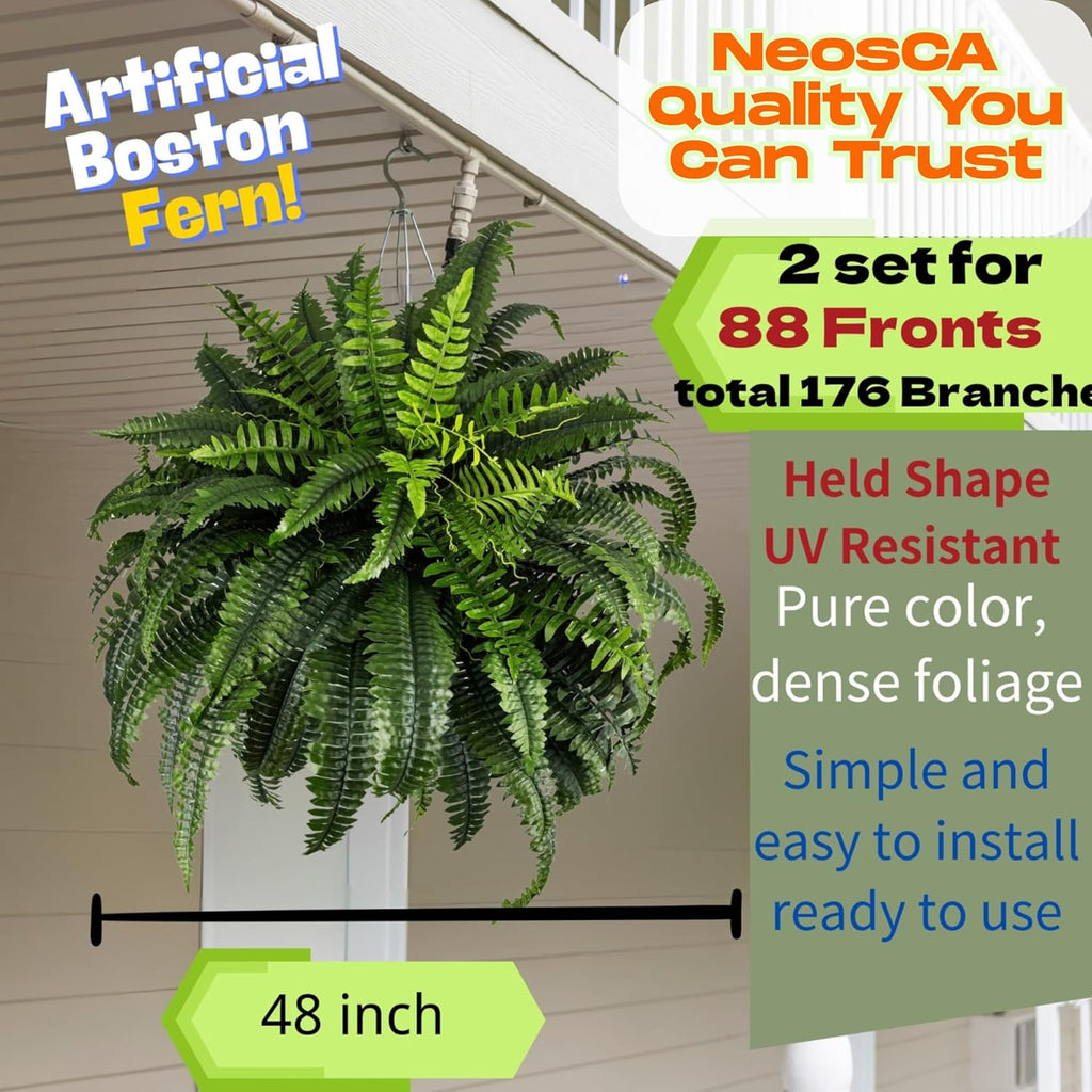 Giant Artificial Boston Ferns for Outdoors Large – UV Resistant Lifelike Faux Fern, Realistic Silk Greenery Plants Large Office, Home Decor, 2pack 88 Branches, 48 Inch Fake Fern Natural Green
