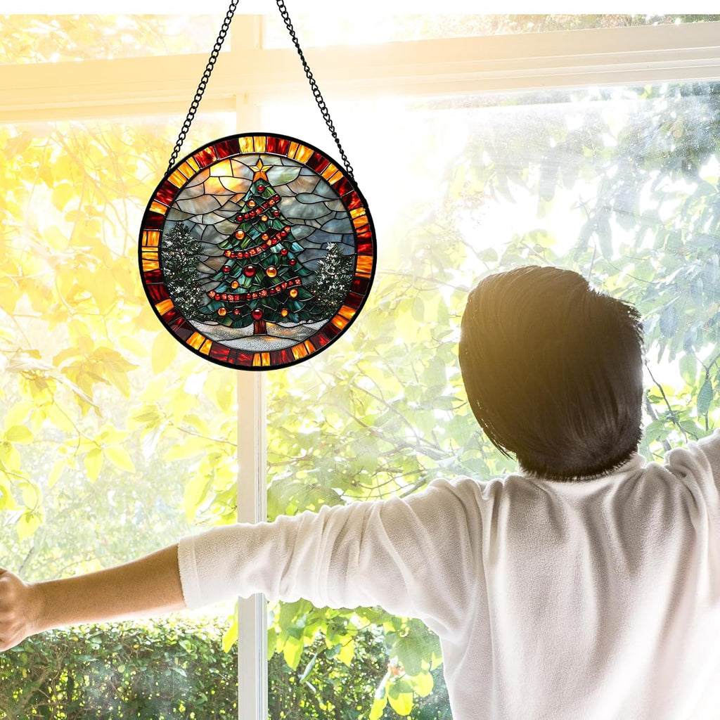 Stained Glass Window Hanging - Winter Christmas Tree Suncatcher Ready to Hang Window Doors Home Decoration, Christmas, Mother's Day Birthday Gifts for Women, Men, and Mom 11.8x11.8 in