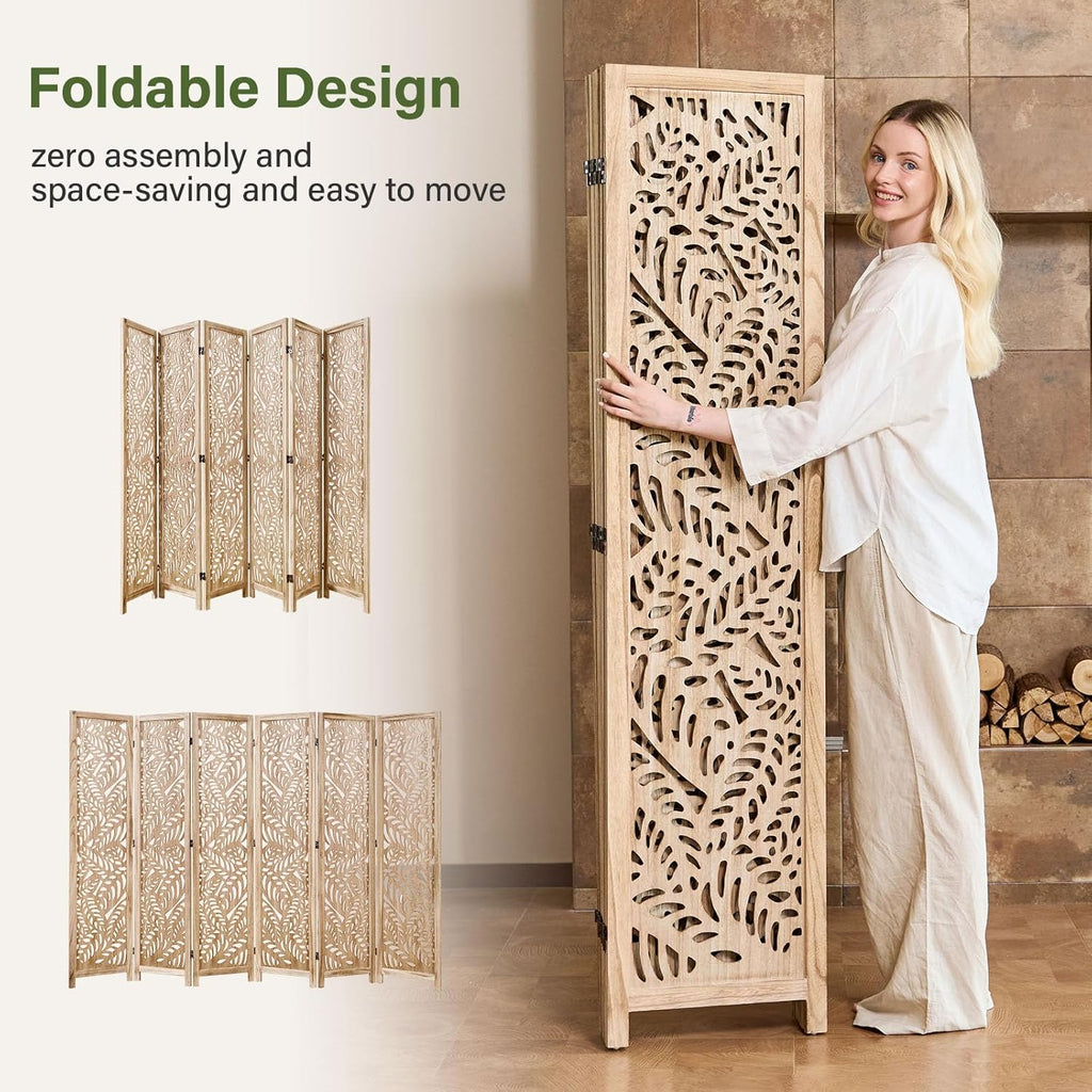 Leaf-Carved Room Divider Privacy Screen - 67 Inch Tall Foading Decorative Wood Screen Dividers Panel for Home - Natural Wood Room Partitions for Enhanced Privacy and Style Natural 6 Paned