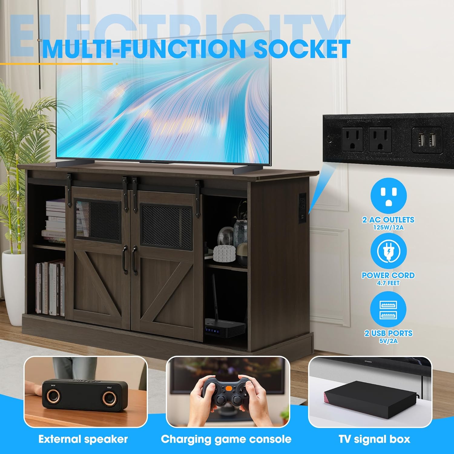 55-75 Gallon Aquarium Stand with Power Outlet, Metal Frame Fish Tank Stand with Cabinet Storage and Barn Door, Heavy Duty Reptile Tank Stand, 52" L x 19.7" W Tabletop, 1300LBS Capacity (Brown)
