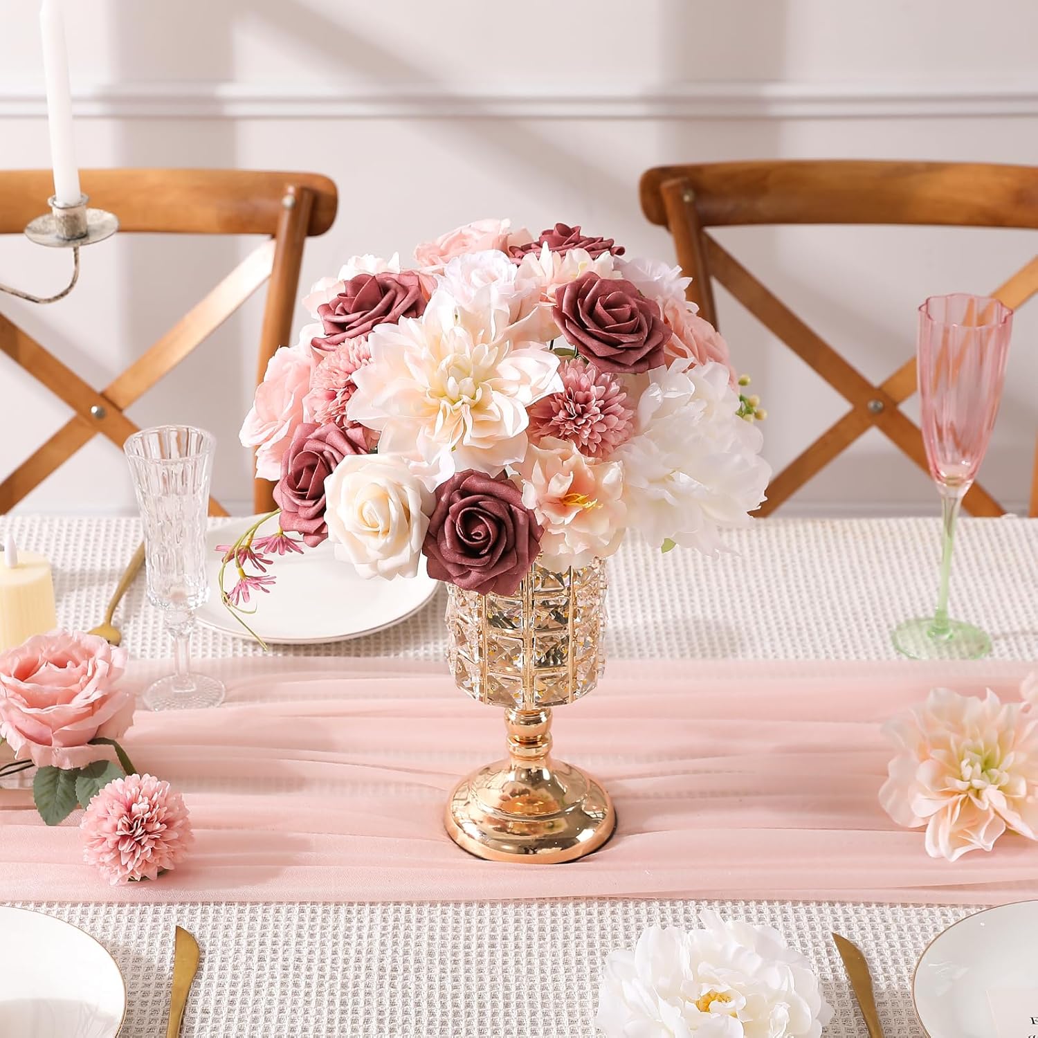 Artificial Flowers Combo, Mix Silk Flowers Roses, Peonies, Dahlias with Stems for DIY Wedding Bridal Bouquets, Baby Shower, Table Centerpieces, Home Decor, Fake Floral Arrangements-Blush Pink