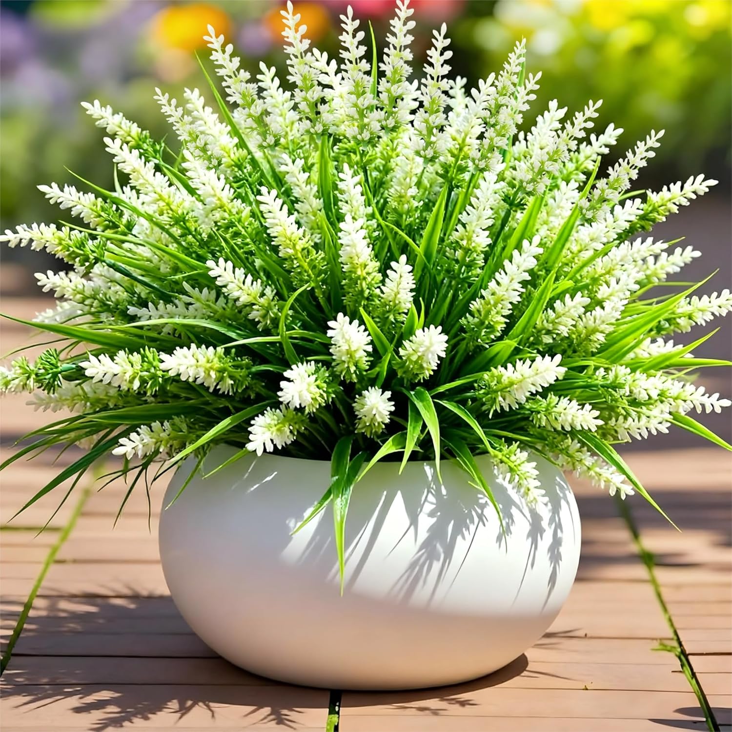 Geegoods Artificial White Lavender Flowers for Outdoors – 24 Bundles UV Resistant Fake Flowers with Monkey Grass, Realistic Artificial Plants Outdoor for Garden, Patio, Porch, Window Box & Home Décor