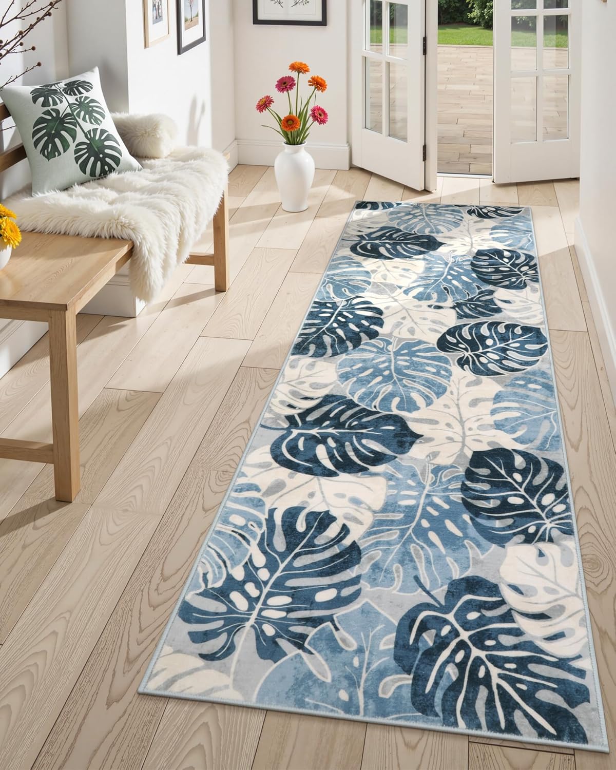 Wonnitar Monstera Leaf 2x6 Kitchen Rug Runner, Washable Blue Runner Rugs for Hallway, Non-Slip Tropical Plant Entryway Long Carpet Low Pile Accent Mat for Bedroom Bathroom Entrance