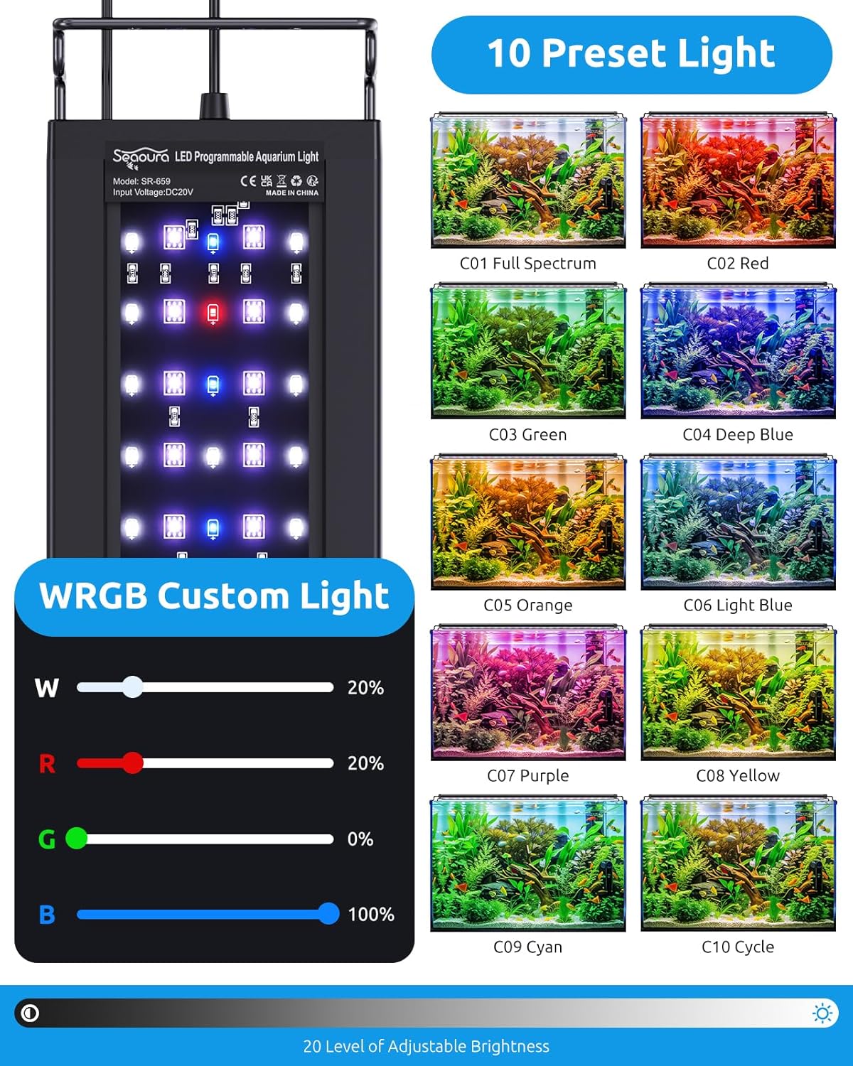 SEAOURA LED Aquarium Light, 12-18in Full Spectrum Lights for Fish Tank with Thermometer, 24/7 Programmable with Power Off Memory, WRGB Custom, 20 Level Brightness for Freshwater Aquariums