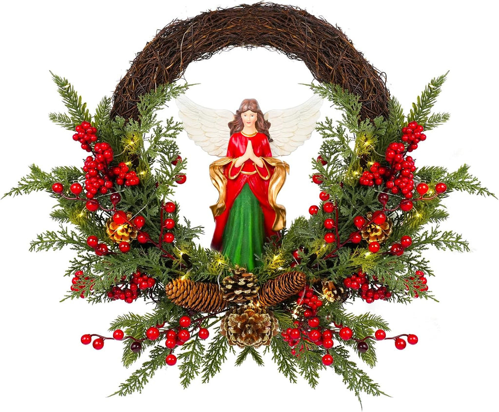 Christmas Wreath Artificial Wreath with a Natural Resin Angel and Red Berries, Suitable for Luxurious Indoor and Outdoor Home Decoration