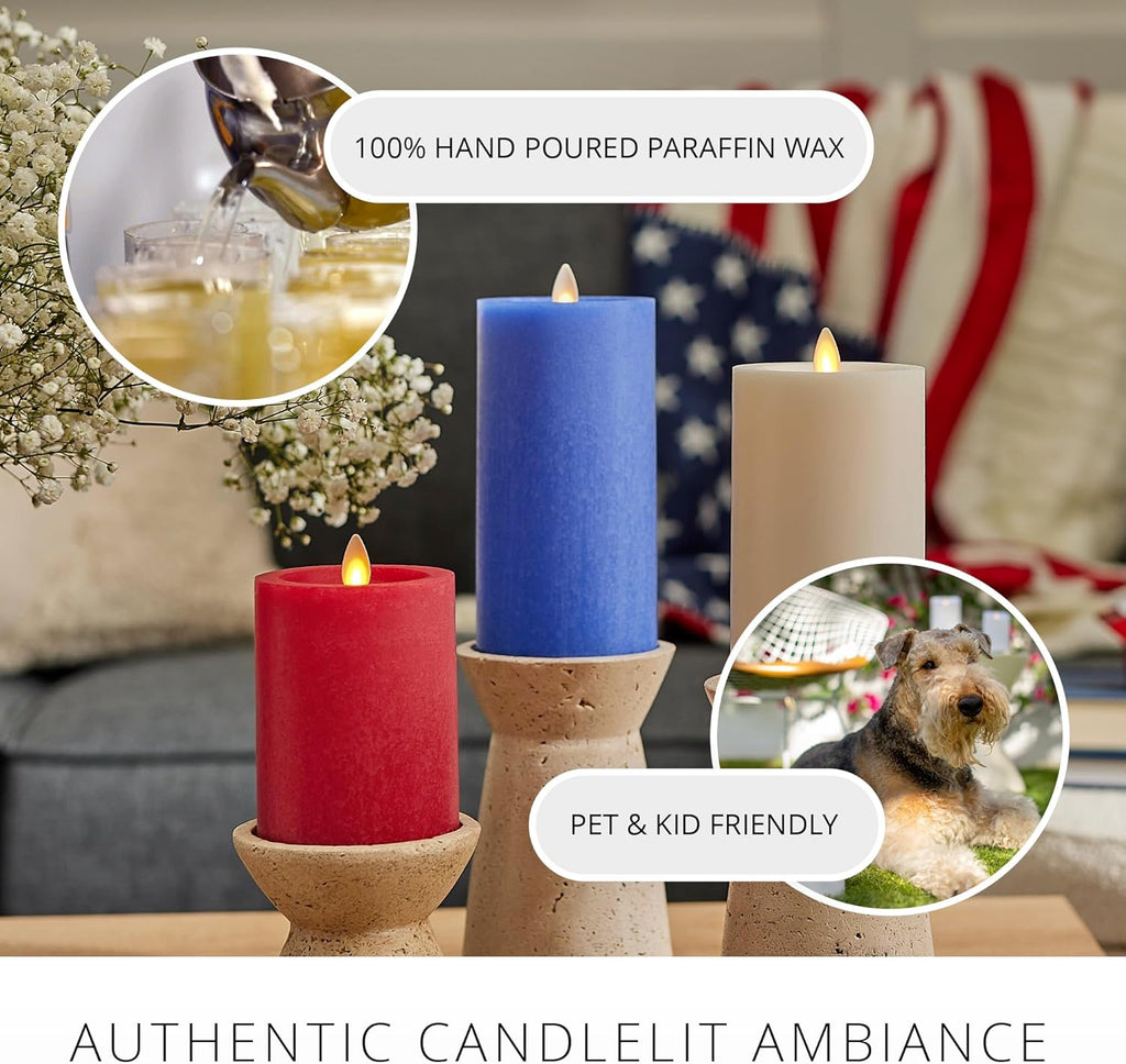 Luminara Red White & Blue Americana Pillar Trio - Set of 3 Flickering Flameless Wax Candles - Battery Operated LED Real Flame Illumination for Patriotic Holiday Decor - Timer - Remote Sold Separately