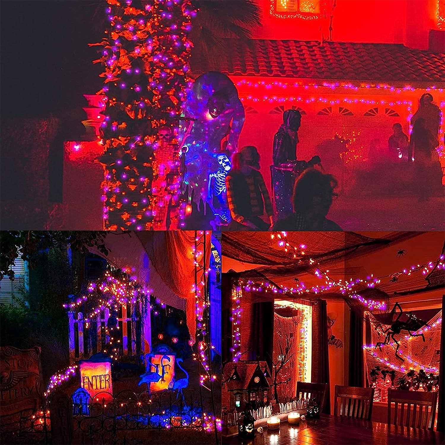 WATERGLIDE 2 Pack 50 LED Outdoor Halloween Lights, 16 FT Mini String Light with 8 Modes, Waterproof Battery Operated Tree Lights for Indoor Outdoor Patio Garden Party Decoration, Orange & Purple